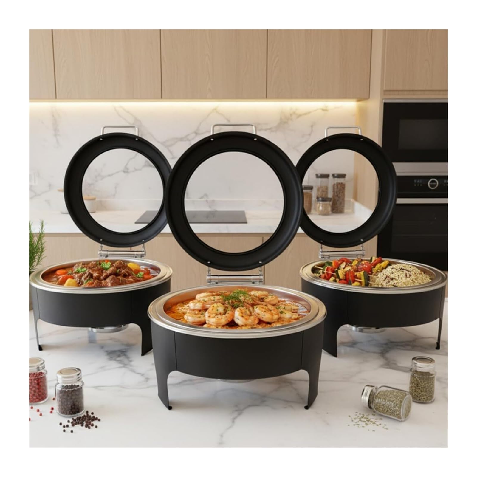 Scaldavivande neri rotondi in acciaio inossidabile Cucina a buffet | Buffet for Feste con Coperchio Idraulico Trasparente, Scalda Buffet