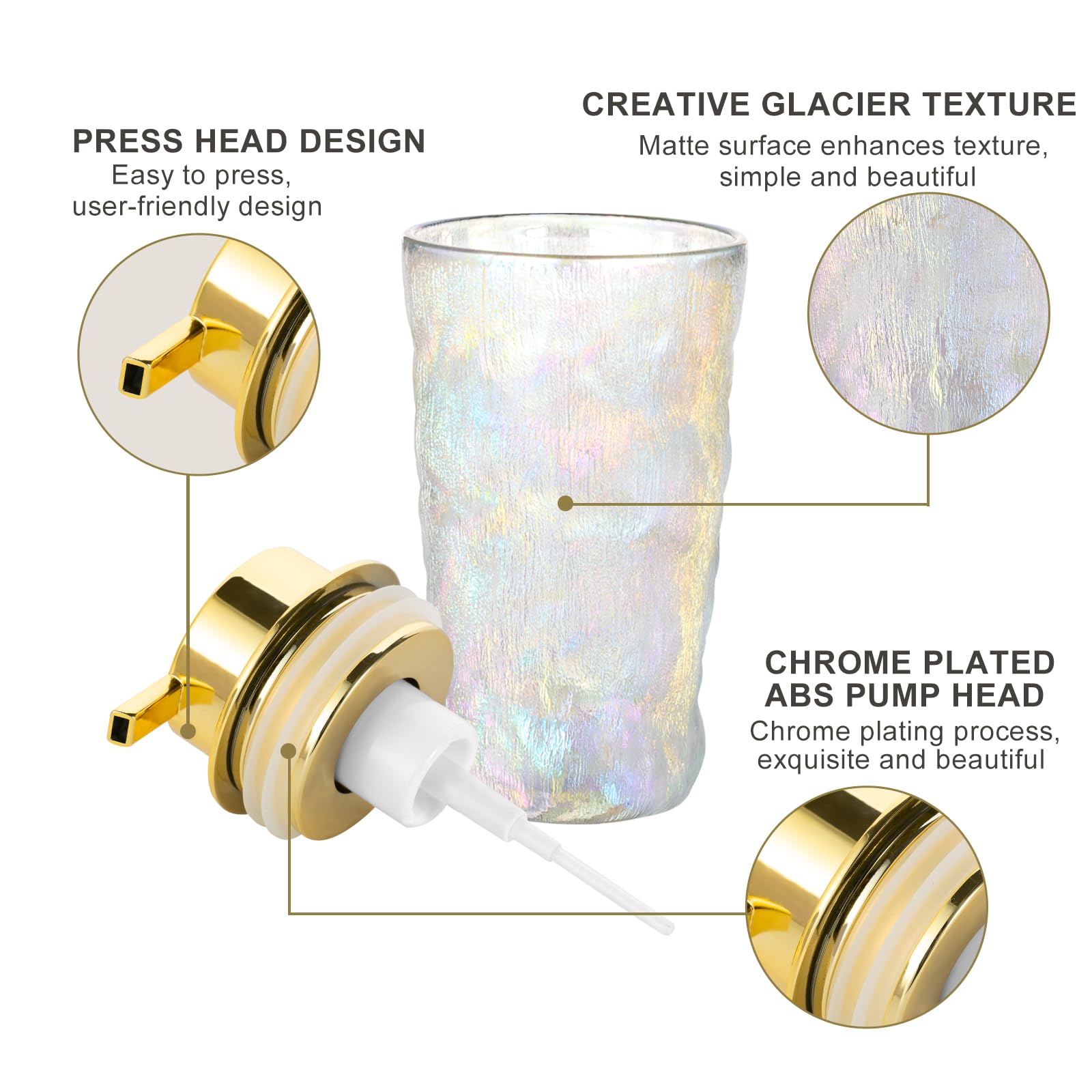 LEICURACE Glass Foaming Soap Dispenser,Countertop Hand Soap Dispensers,Hand Soap Dispenser,Refillable Foaming Hand Soap Dispenser(Rainbow)