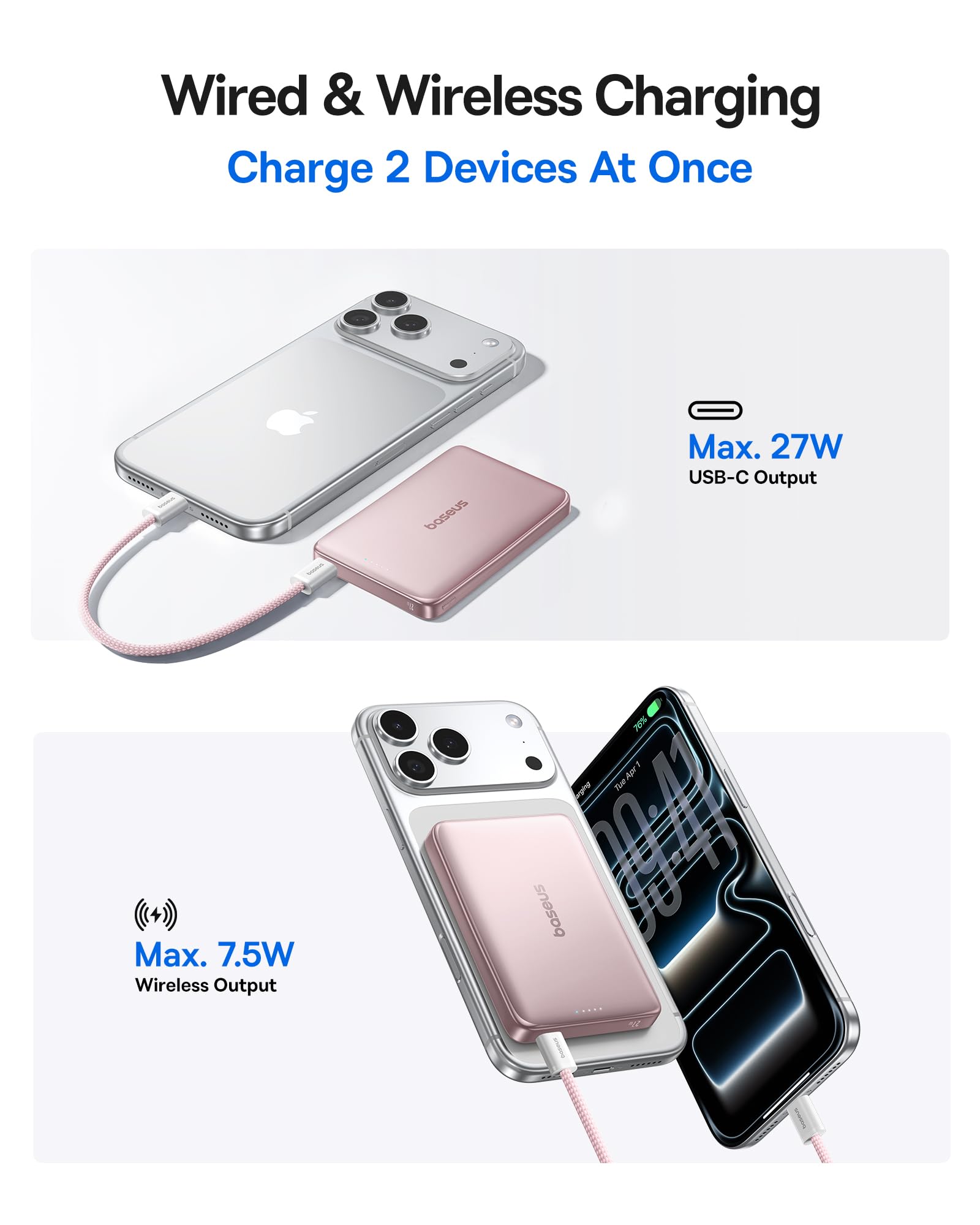 Baseus Picogo Powerbank 10000mAh Qi2 – Ultra-fin, Charge Sans Fil 15W MagSafe Et USB-C 27W, Pour IPhone 16/15/14/13/12