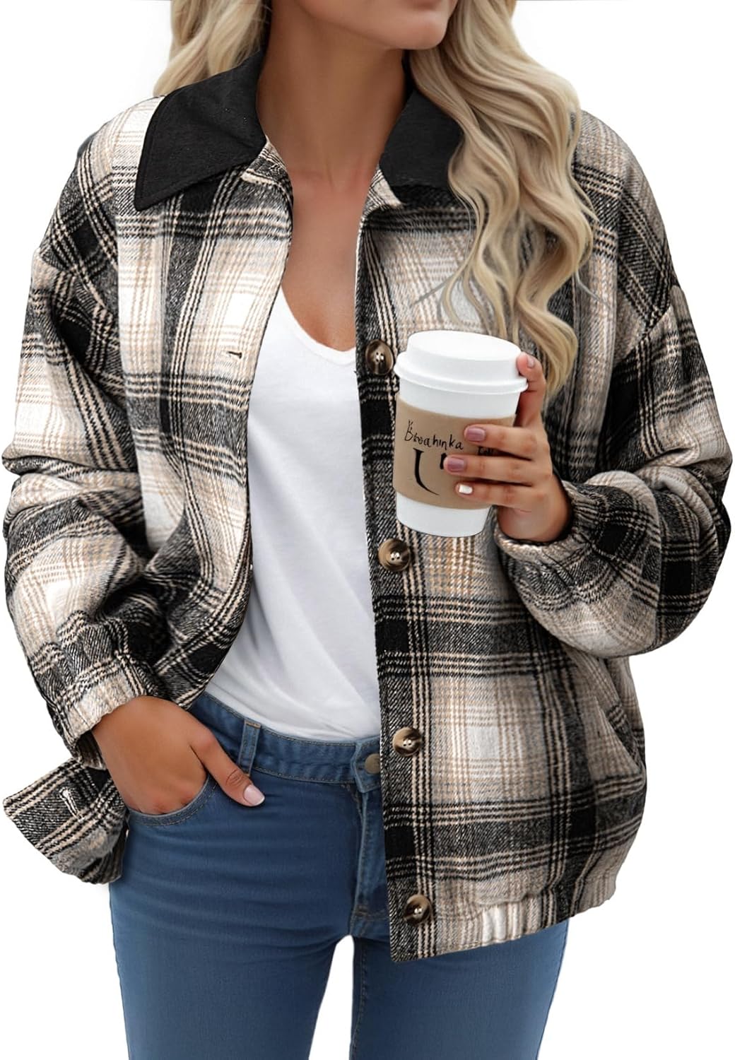 Dokotoo Womens Flannel Plaid Shacket Jackets Corduroy Collar Long Sleeve Button Down Fleece Jackets Warm Coat