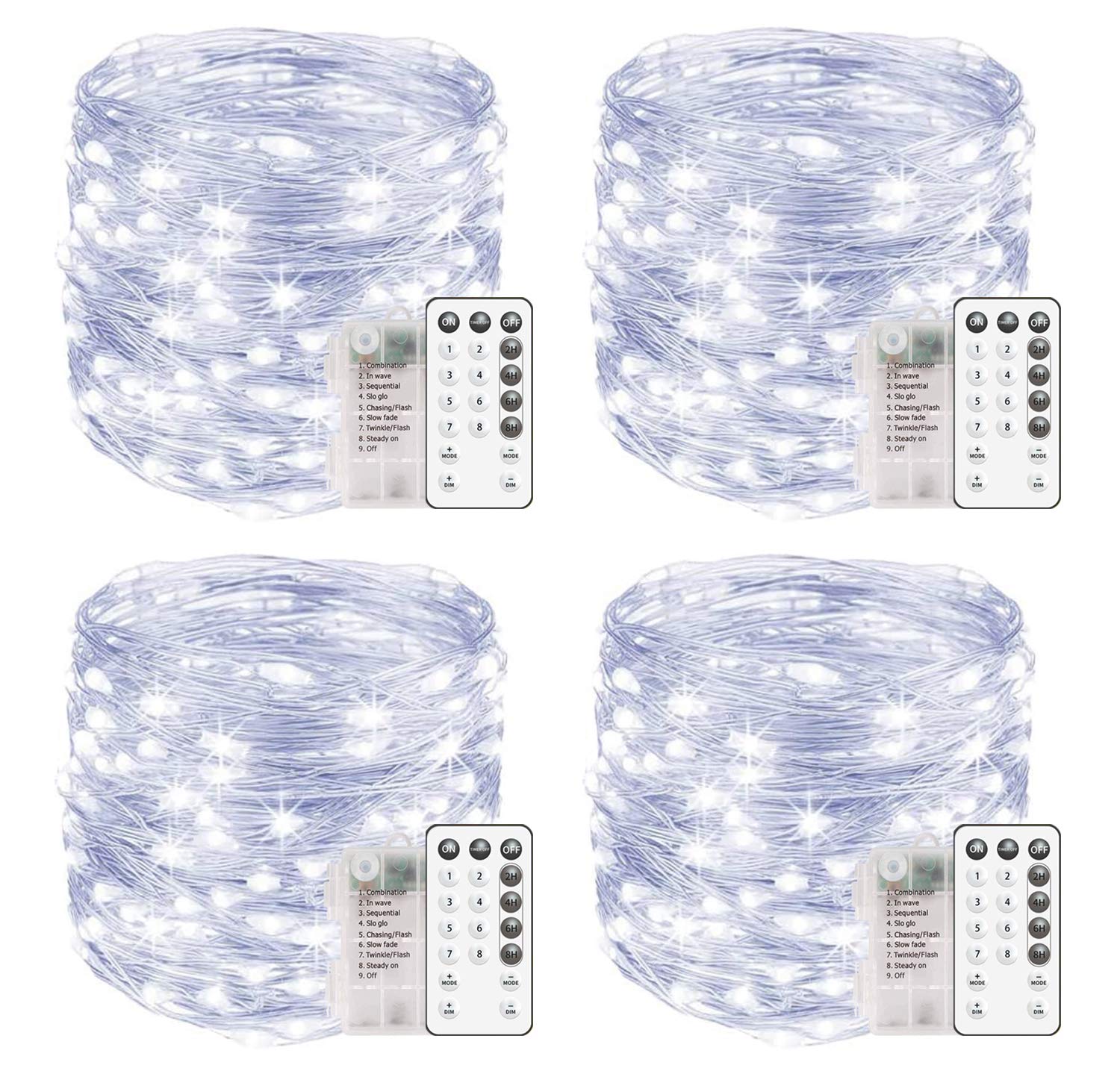 Confezione da 4 luci a 60 LED da 60 LED, con 8 modalità di controllo remoto e timer, impermeabili, filo di rame, luci scintillanti per camera da letto, matrimoni, feste, Natale, bianco freddo
