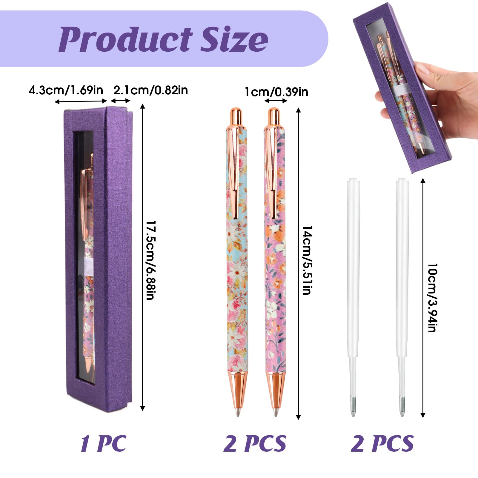 Goerpn 2Pcs Floral Metal Ballpoint Pens 1.0 mm Click Retractable Pretty Pen Sets Black Ink Nice Fancy Pens in Gift Box for Women Ladies Girls - Image 2