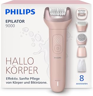 Philips Epilierer Series 9000 - Kabelloser Epilierer für Nass- und Trockenanwendung, Haarentfernung für Beine, Körper und Bikinizone, mit ProGuide, 8 Zubehörteile, 60 Min. Akku, Modell BRE719/00