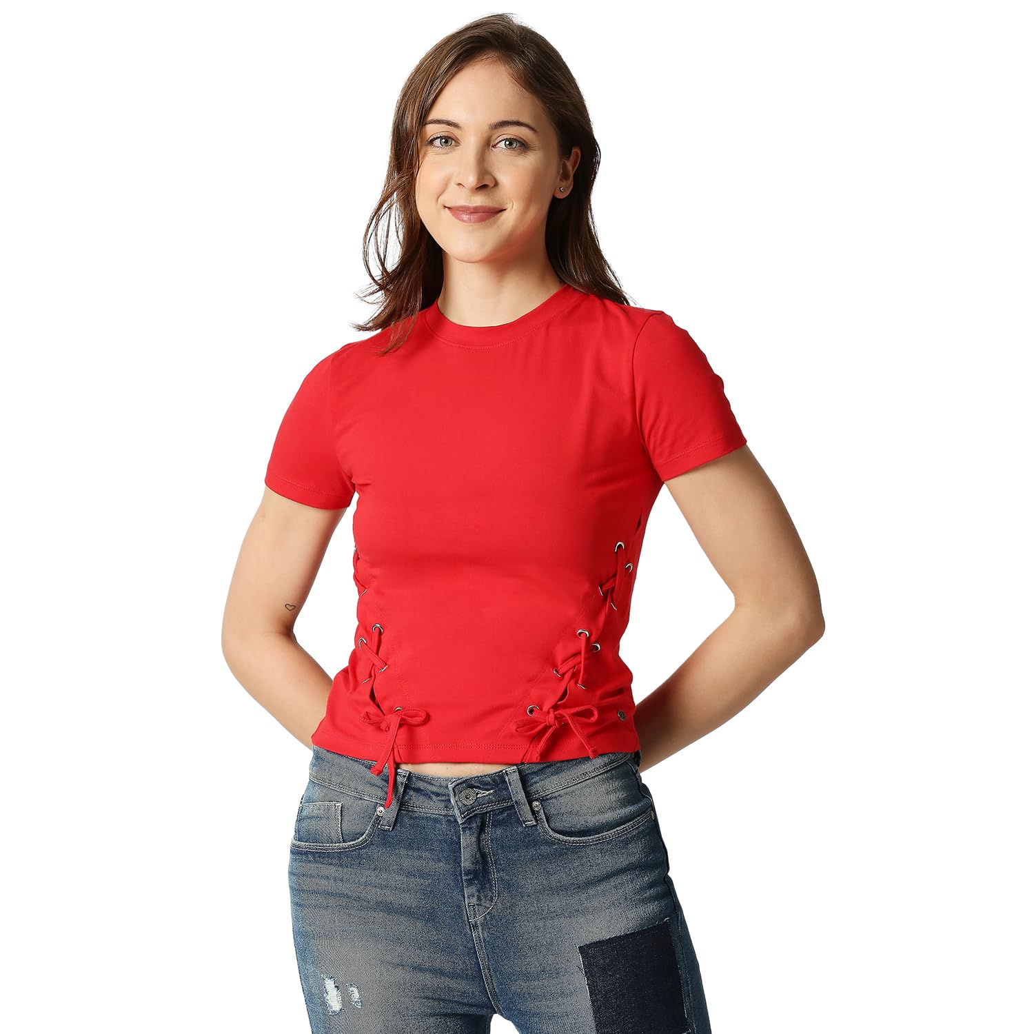Pepe Jeans Women's Cotton Loose Fit Crew Neck Solid Crop T-Shirt in neutral