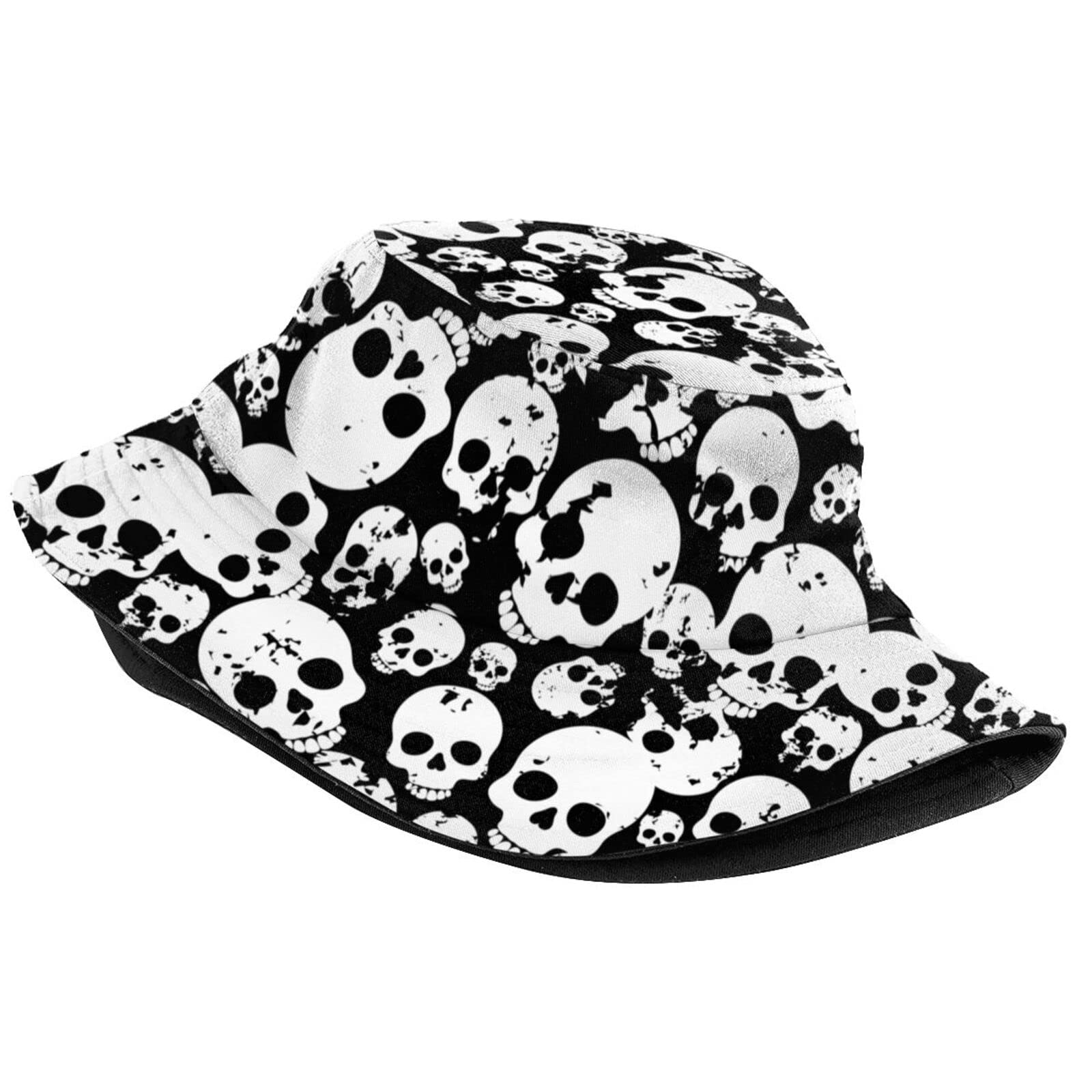 Skull Black and White Bucket Hat Sun Beach Packable Fisherman Cap for Women Men Summer Outdoor Hiking