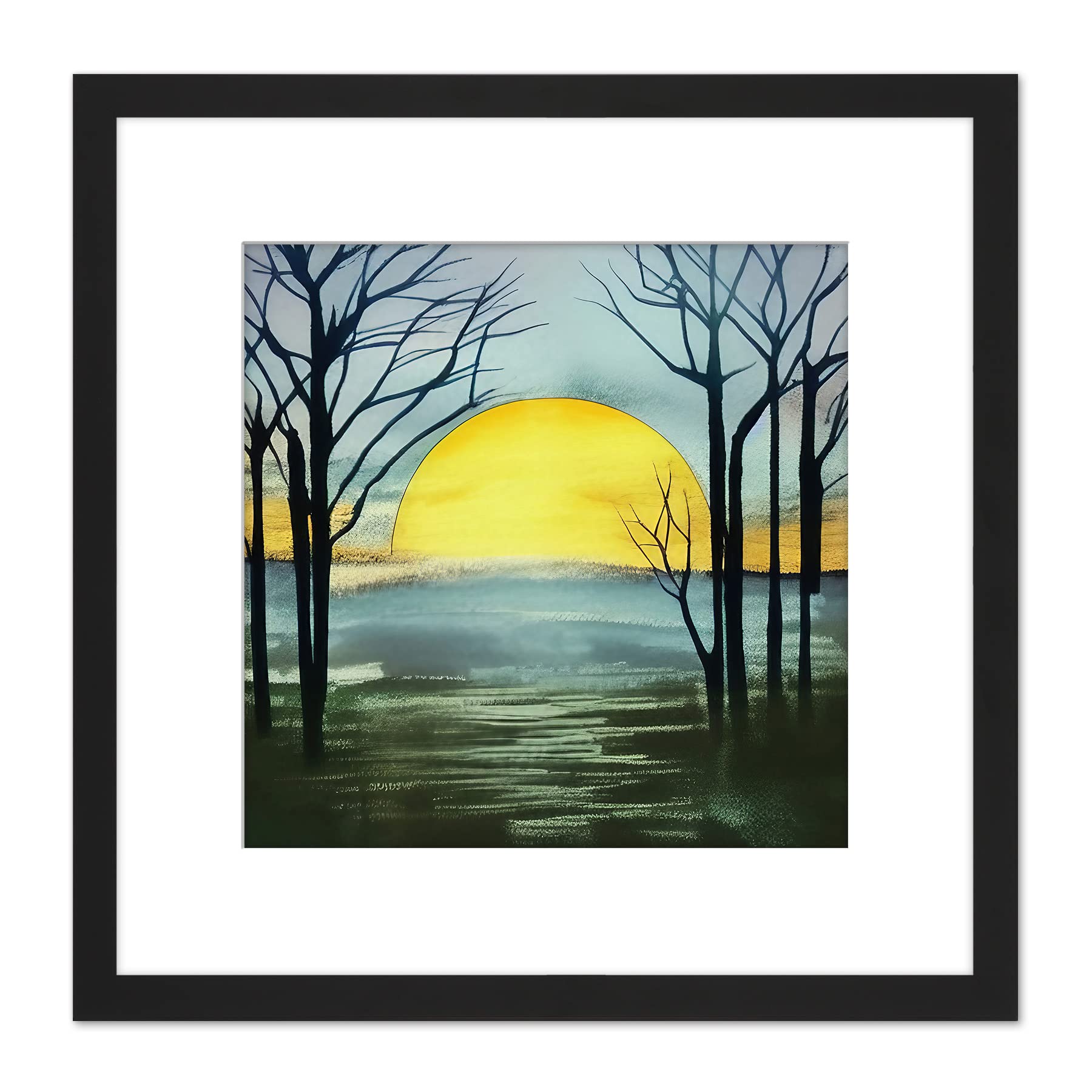 Wee Blue Coo Silhouette Trees At Sunset Sunrise Winter Forest Green Watercolour Painting Square Wooden Framed Wall Art Print Picture 9X9 Inch