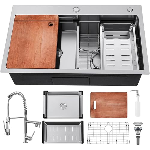 Kitchen Sink 30 Inch Drop In Kitchen Sink With Faucet Modern Stainless Steel Sink Top Mount Workstation Single Bowl Kitchen Sinks