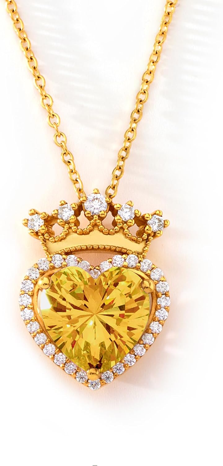 STORYJEWELLERY Birthstone Necklace for Women, 925 Sterling Silver Heart Necklaces for Women, 18K Gold Plated Crown & Heart Pendant, Birthstone Jewelry, Gifts for Her