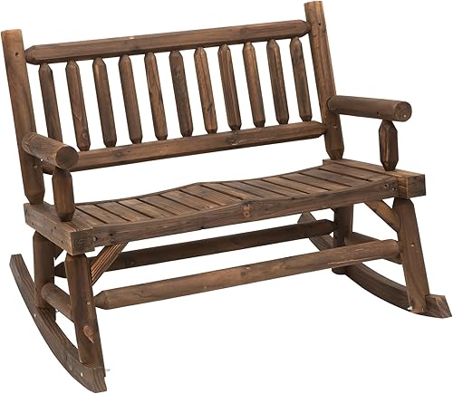 Outsunny Silla mecedora de madera para 2 personas con diseño de troncos sofá biplaza resistente con asientos curvados anchos para patio patio