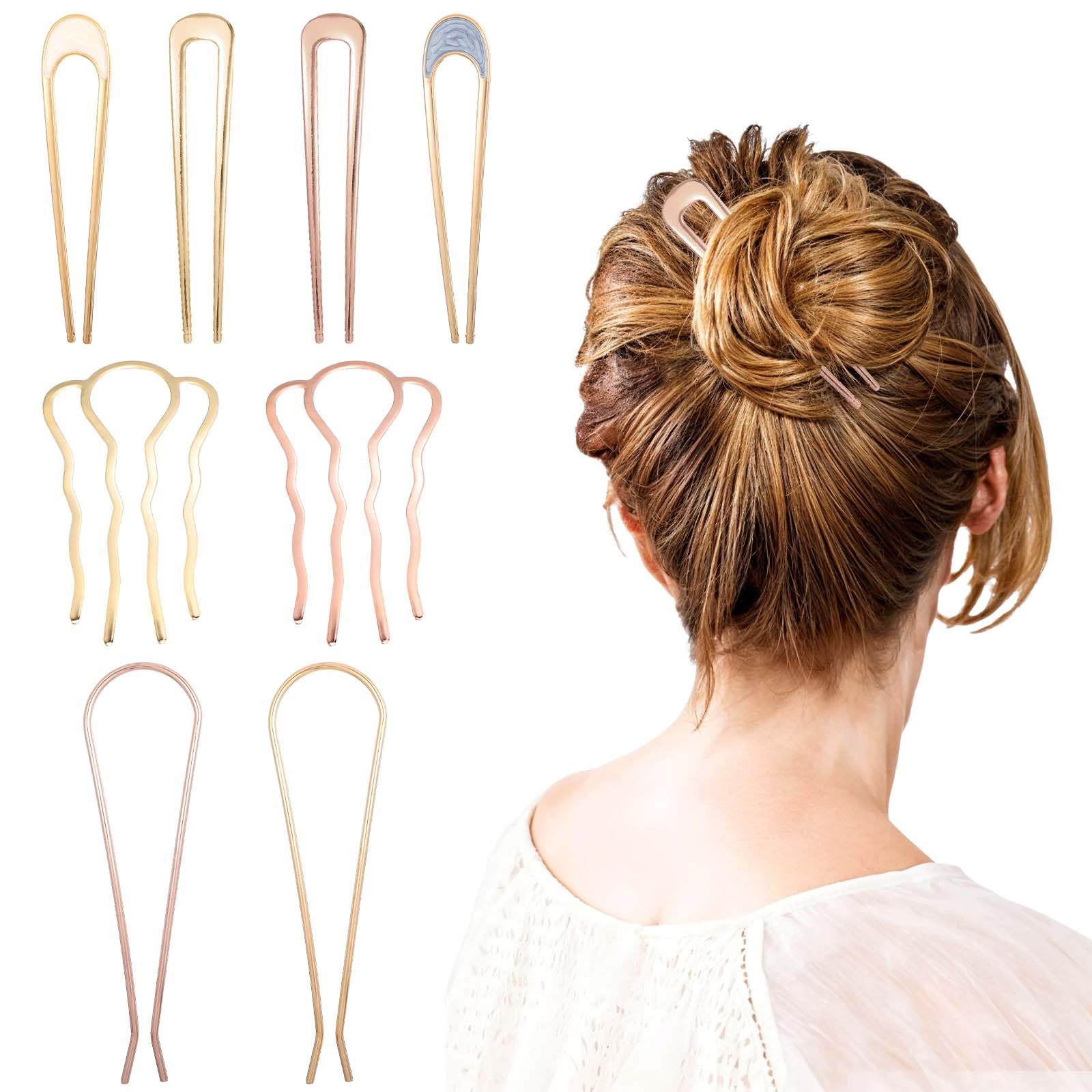 Tyqour 8Pcs Gold Twist Hair Pin French Hair Pin Metal French Hairpin U Shaped Hairpins Fork for Thick Hairs Hairstyling Accessories for Women