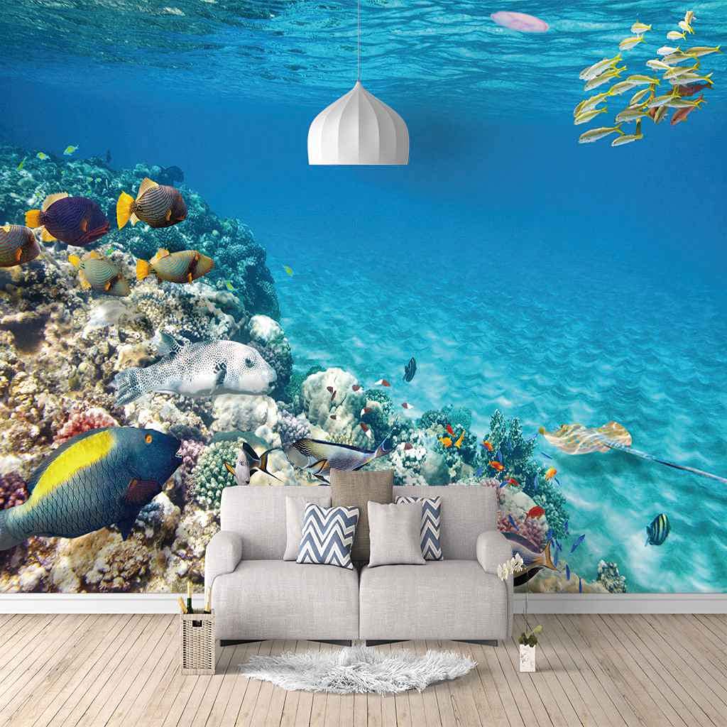 Papier peint 3D poisson de mer pour agrandir un salon ou un couloir sombre