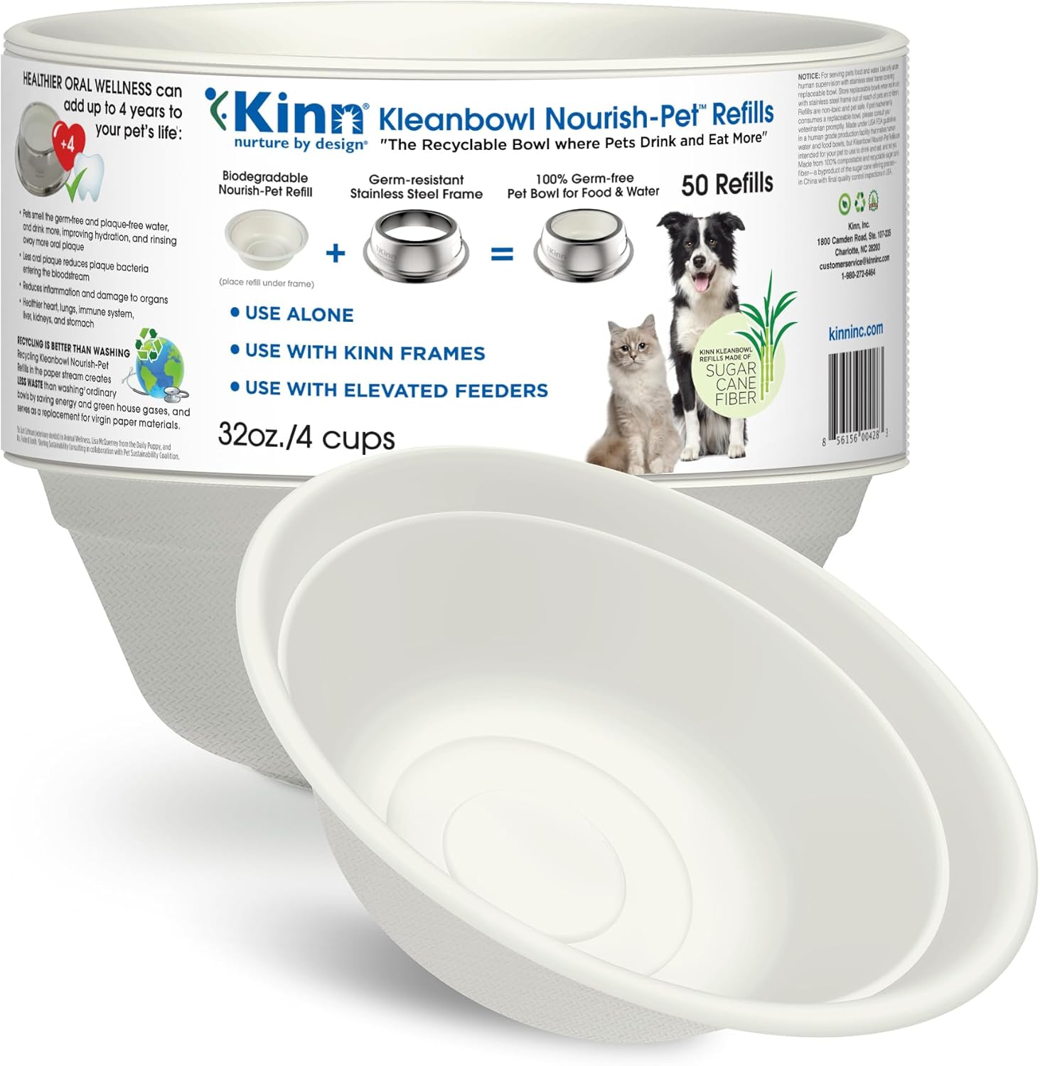 Kinn Kleanbowl Disposable Dog Food Bowls, 32 oz (Pack of 50) - Frame System Refills, Use for Travel, Boarding, or Crate, Compostable Pet Travel Bowl, No Plastic, Leakproof, Portable Dog Dish