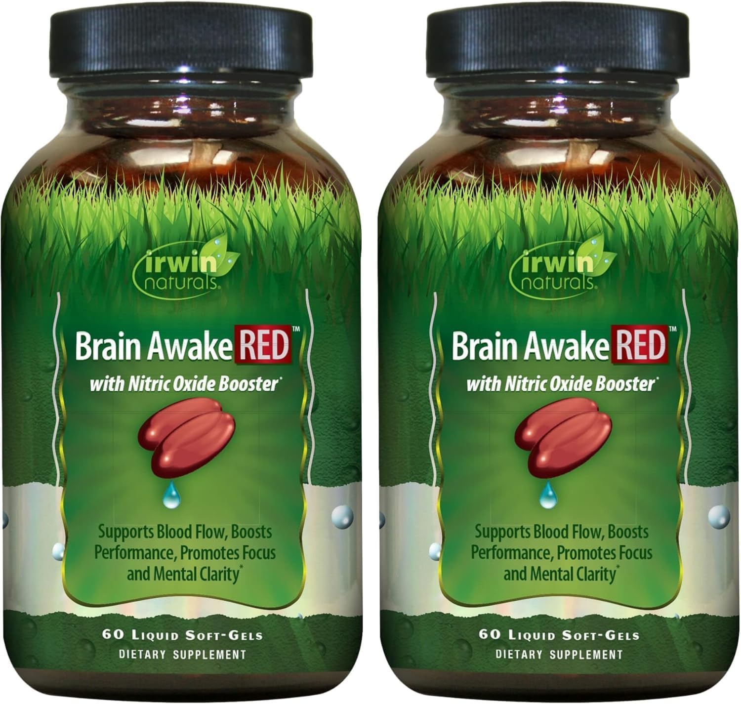 Irwin Naturals Brain Awake RED with Nitric Oxide Booster - 60 Liquid Soft-Gels - 2 Pack