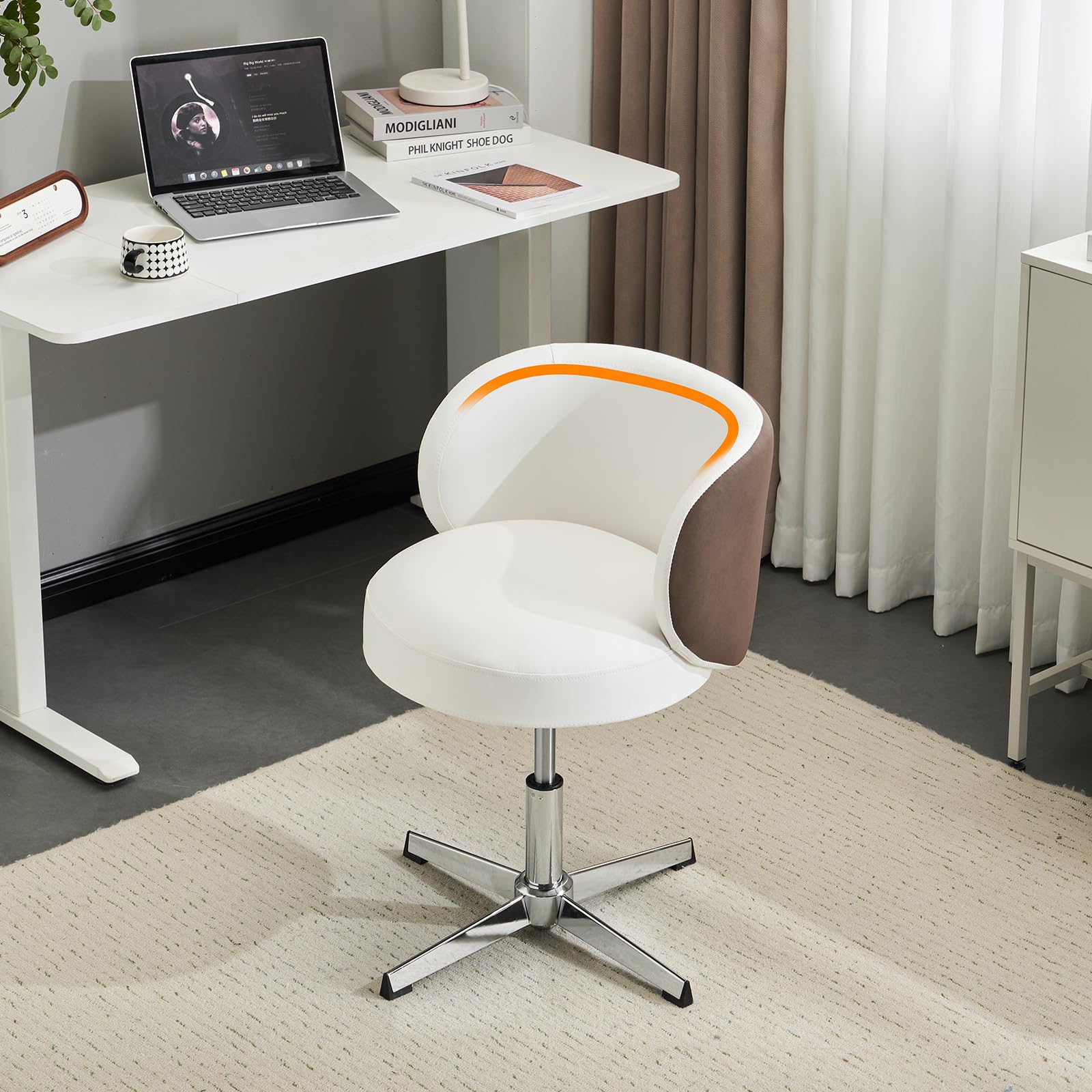 Bonnlo Cute Swivel Vanity Chair, Small Comfy Office Desk Chair no Wheels, Ergonomic Modern Dressing Table Chair with Adjustable Height for Home Office, Bedroom, Dressing Room, Velvet, Brown and White