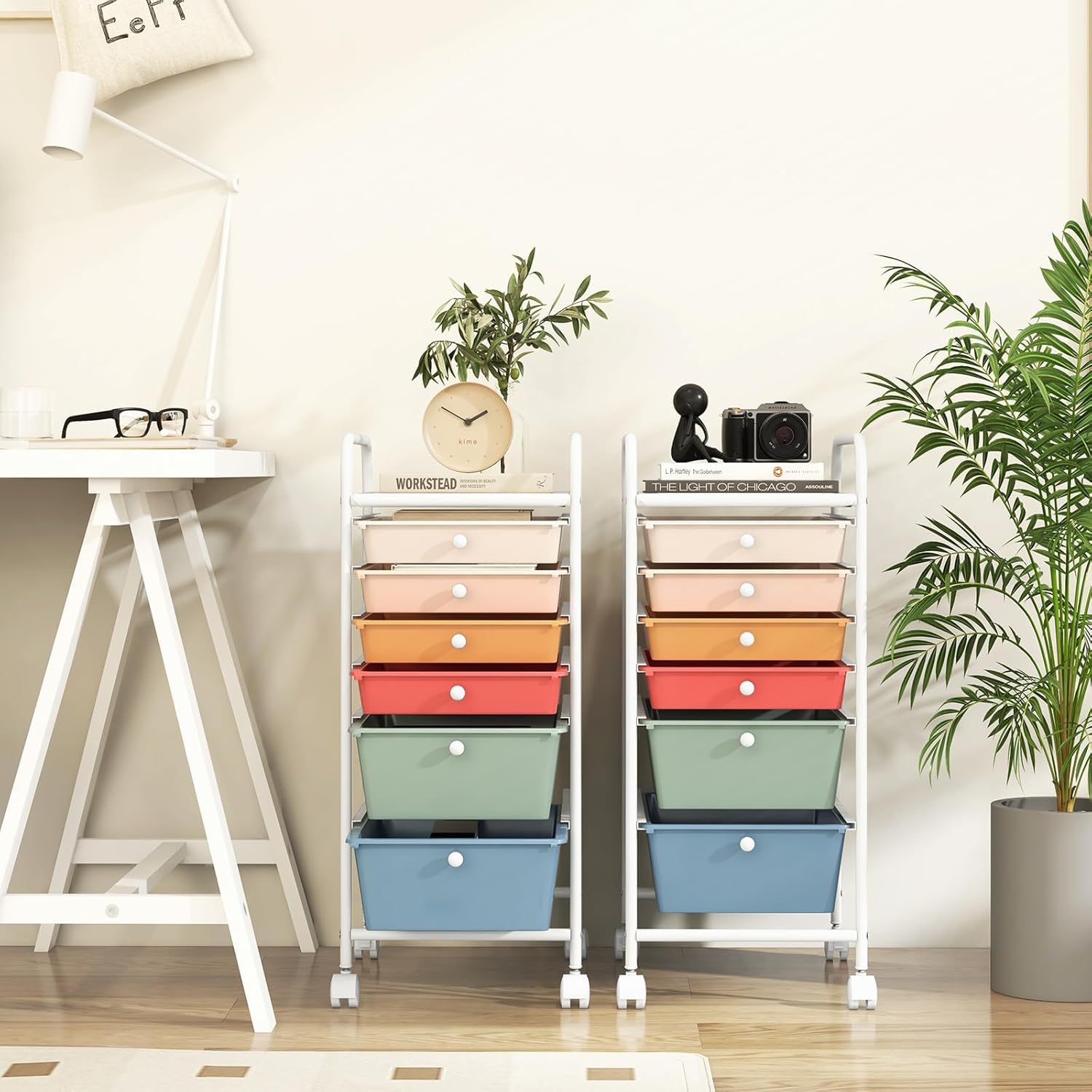 GIANTEX Carro de Almacenamiento con 6 Cajones, Cajonera con 4 Ruedas(2 con Frenos), Tablero y Marco de Metal, Cajones Plásticos, Carrito Auxiliar para Oficina, Dormitorio, Baño (Macaron)