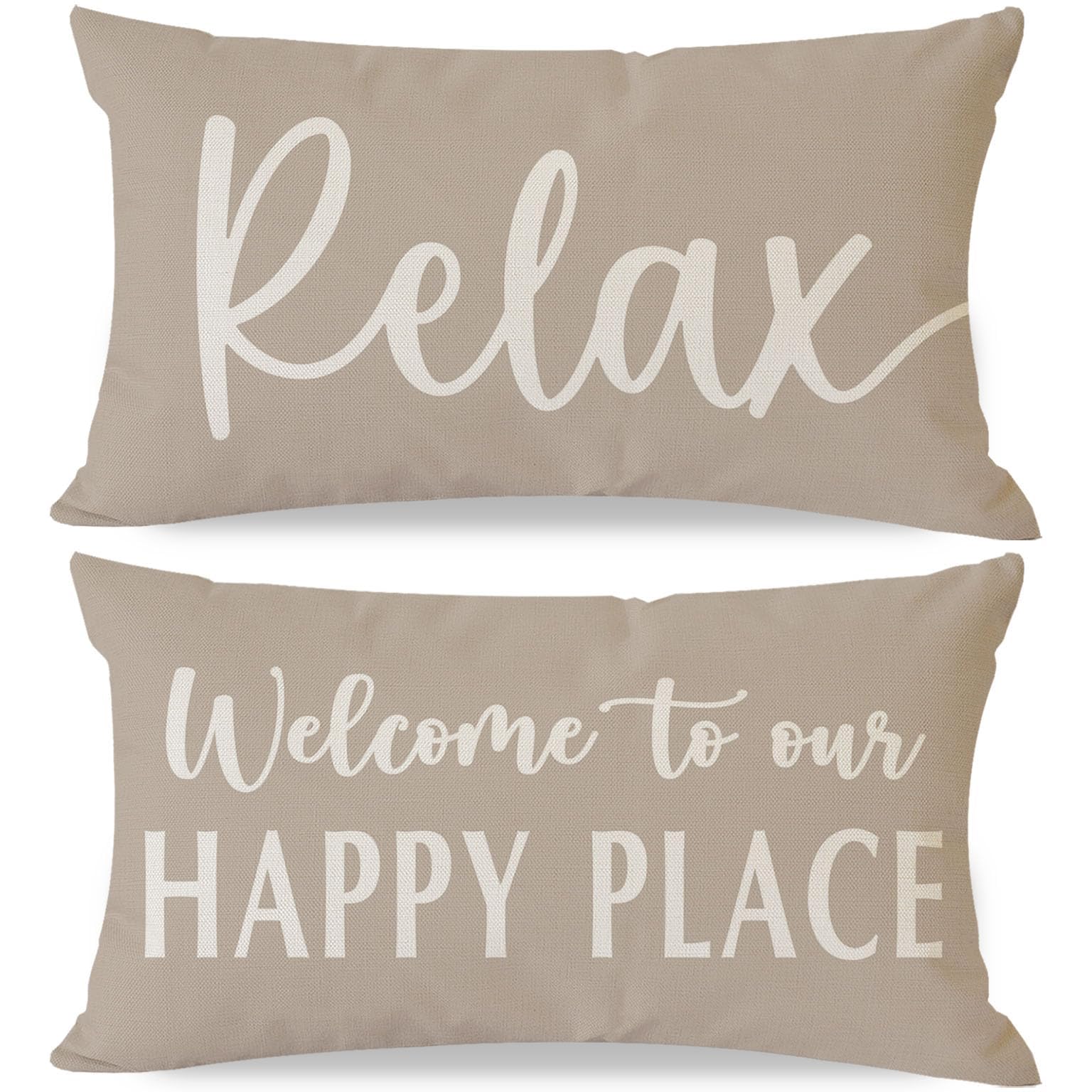 HERHOME Welcome to Our Happy Place Relax Decorative Throw Pillow Covers 12x20 Set of 2 Beige Outdoor Rustic Farmhouse Neutral Decor Cozy Lumbar