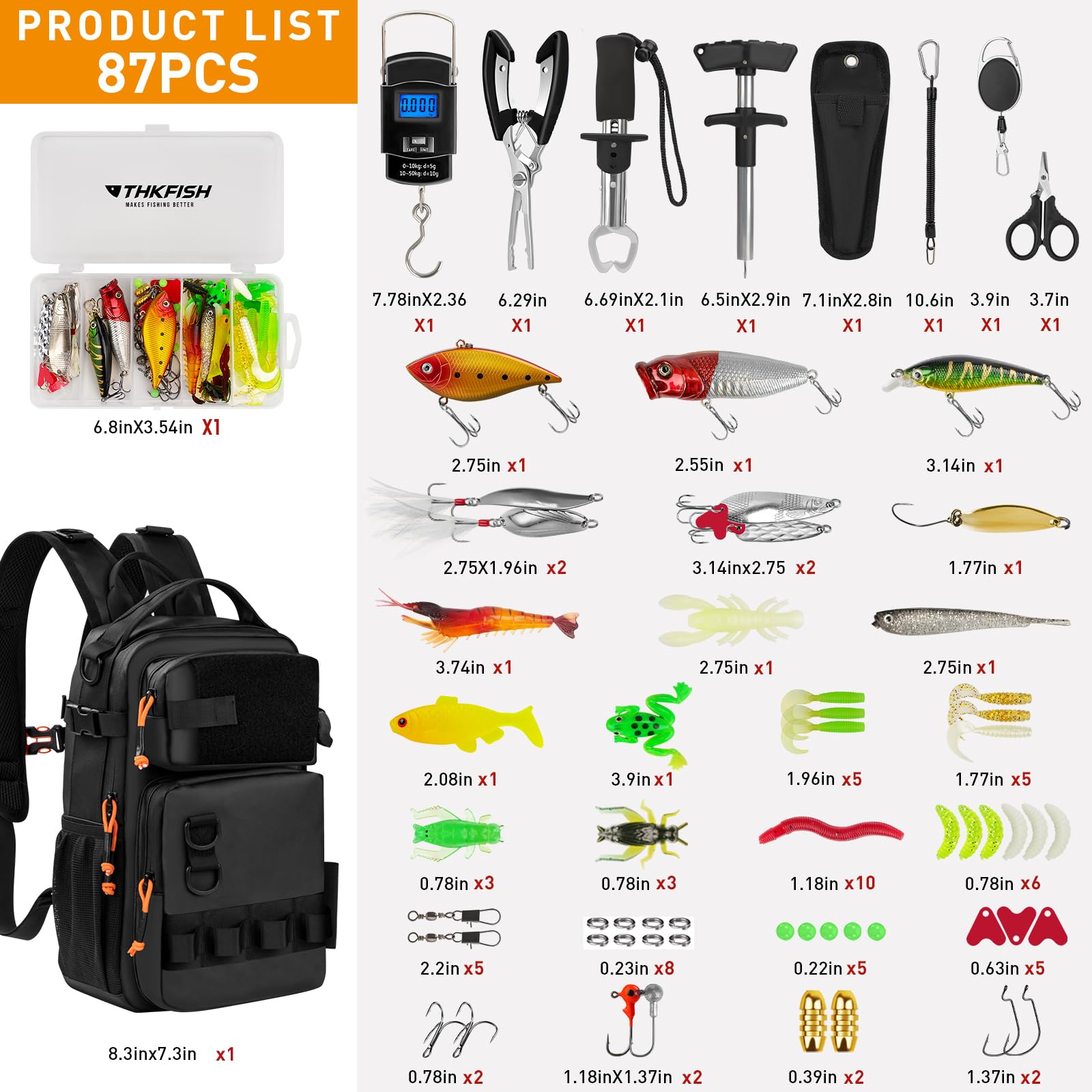 THKFISH Zaino da pesca con porta canna, kit di attrezzi da pesca, borsa impermeabile con kit di esche da pesca, scatola per attrezzatura da pesca e set di pinze, per uomini e donne (nero, 87 pezzi)