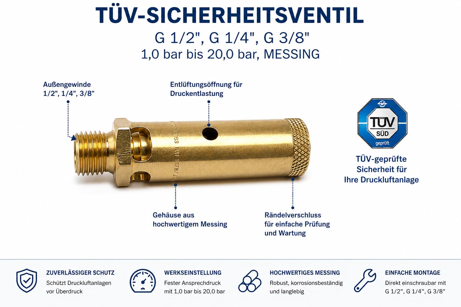 TÜV-Sicherheitsventil G 3/8" (DN8), 10,5 bar, Messing