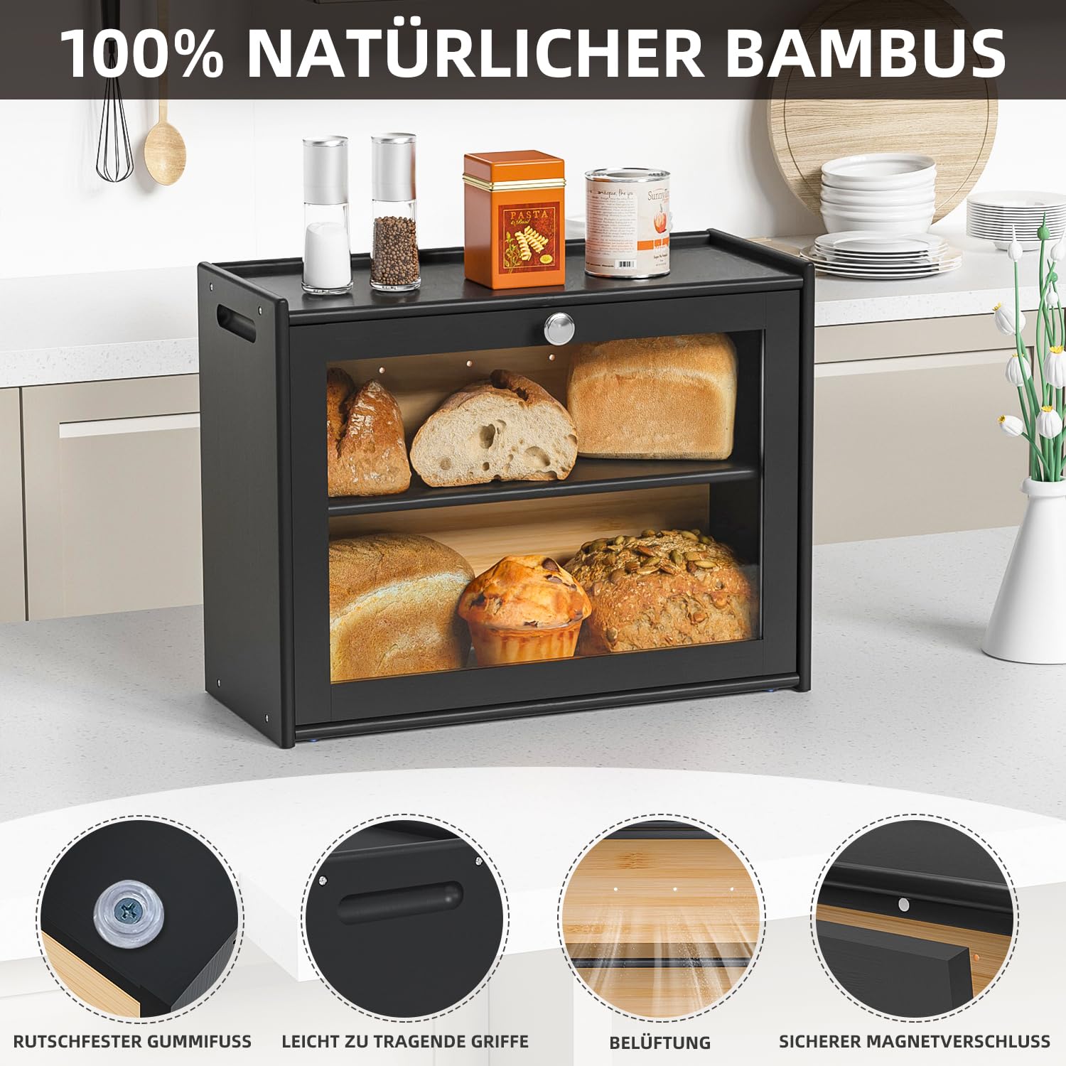 Brotkasten Bambus mit Belüftung 2 Regale Brotbox 40x31x17cm | mit Großes Sichtfenster, Brotbehälter, Brotaufbewahrung