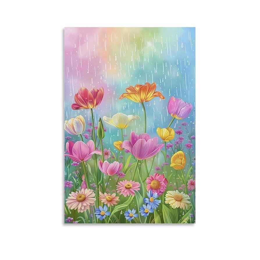 Amazon.co.jp: 絵画 春の雨の下、色とりどりの野の花が咲きます