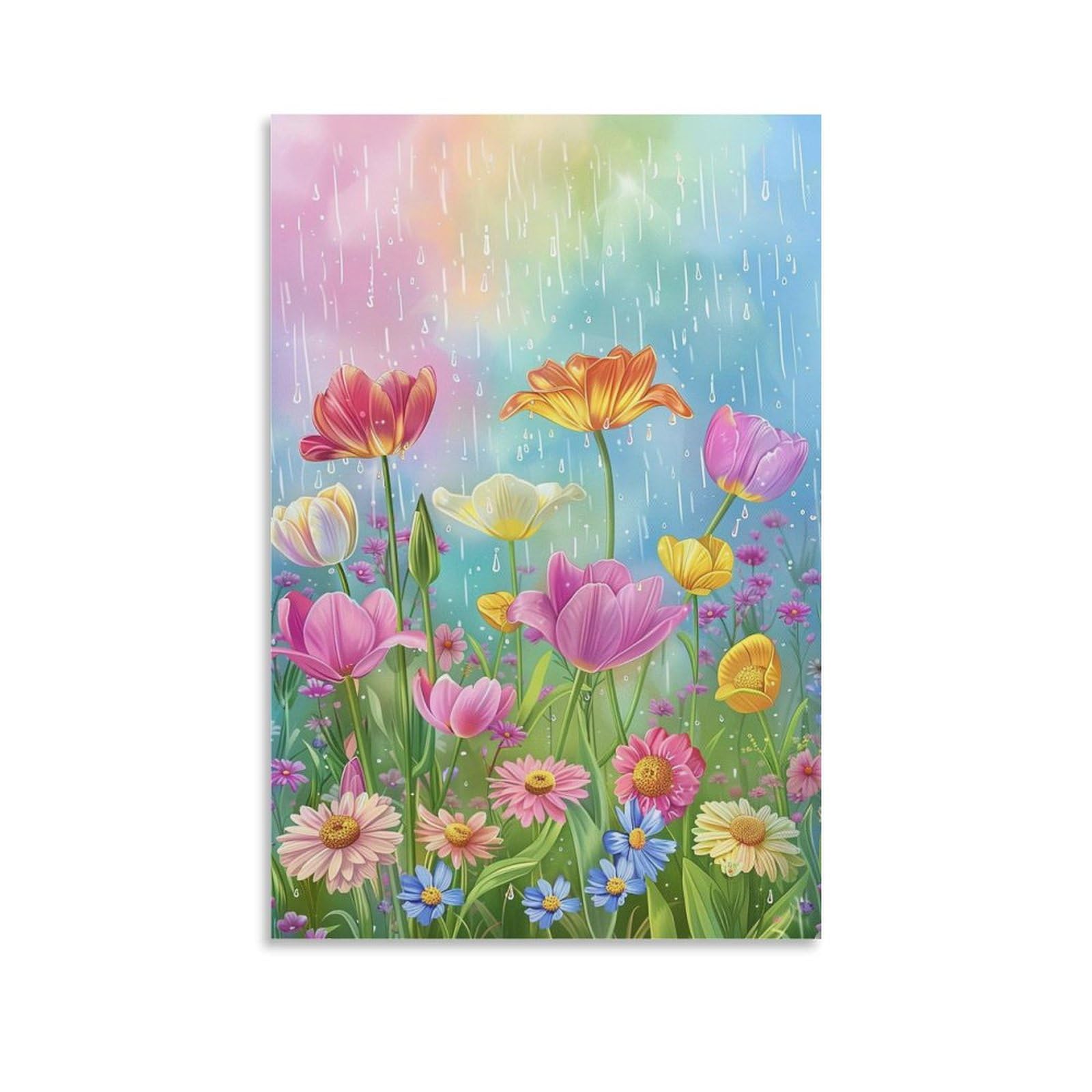 Amazon.co.jp: 絵画 春の雨の下、色とりどりの野の花が咲きます