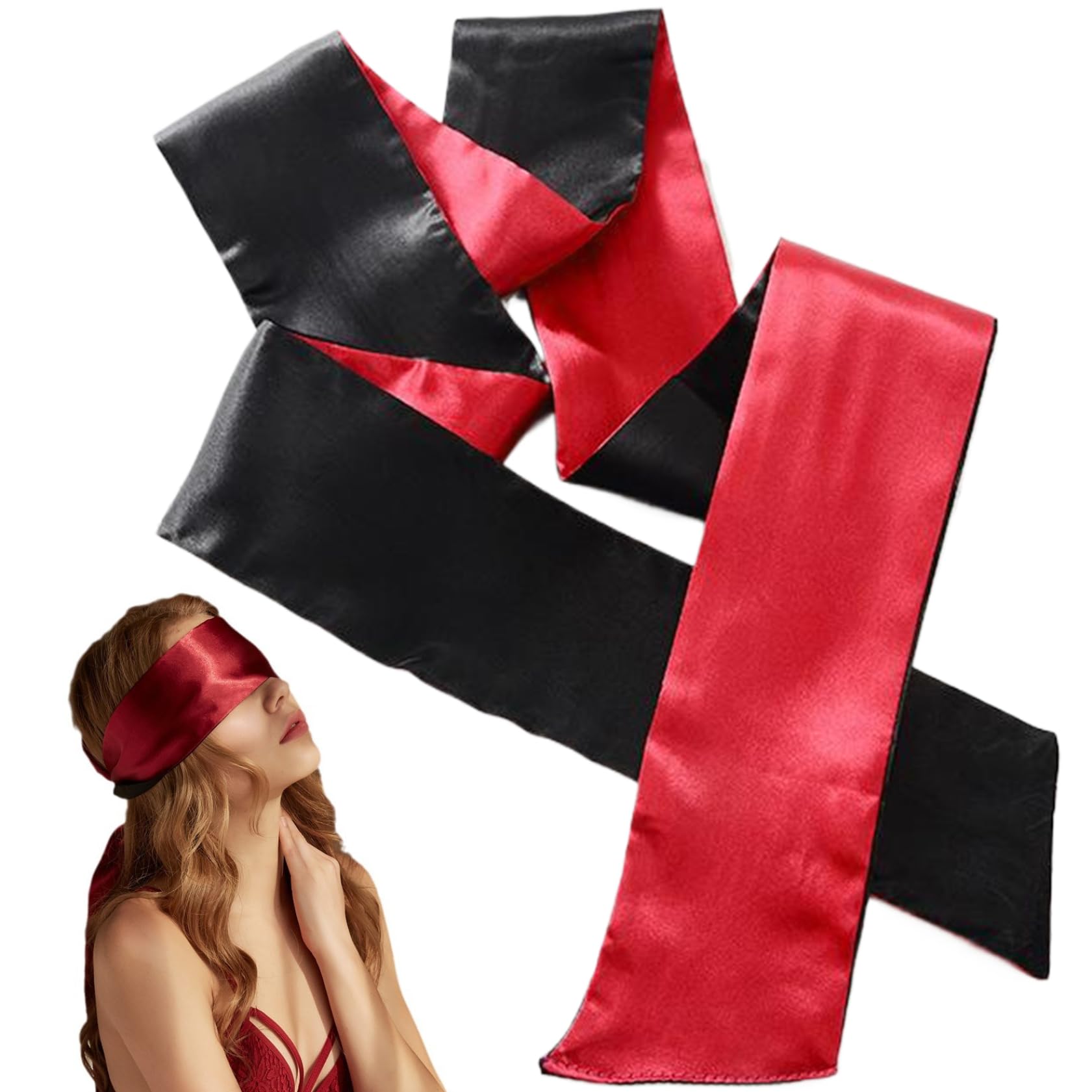 2 bende per giochi per adulti/coppie di adulti/giochi di società mascherina per occhi in raso da 59 pollici mascherina per dormire in raso di poliestere benda romantica nera e rossa