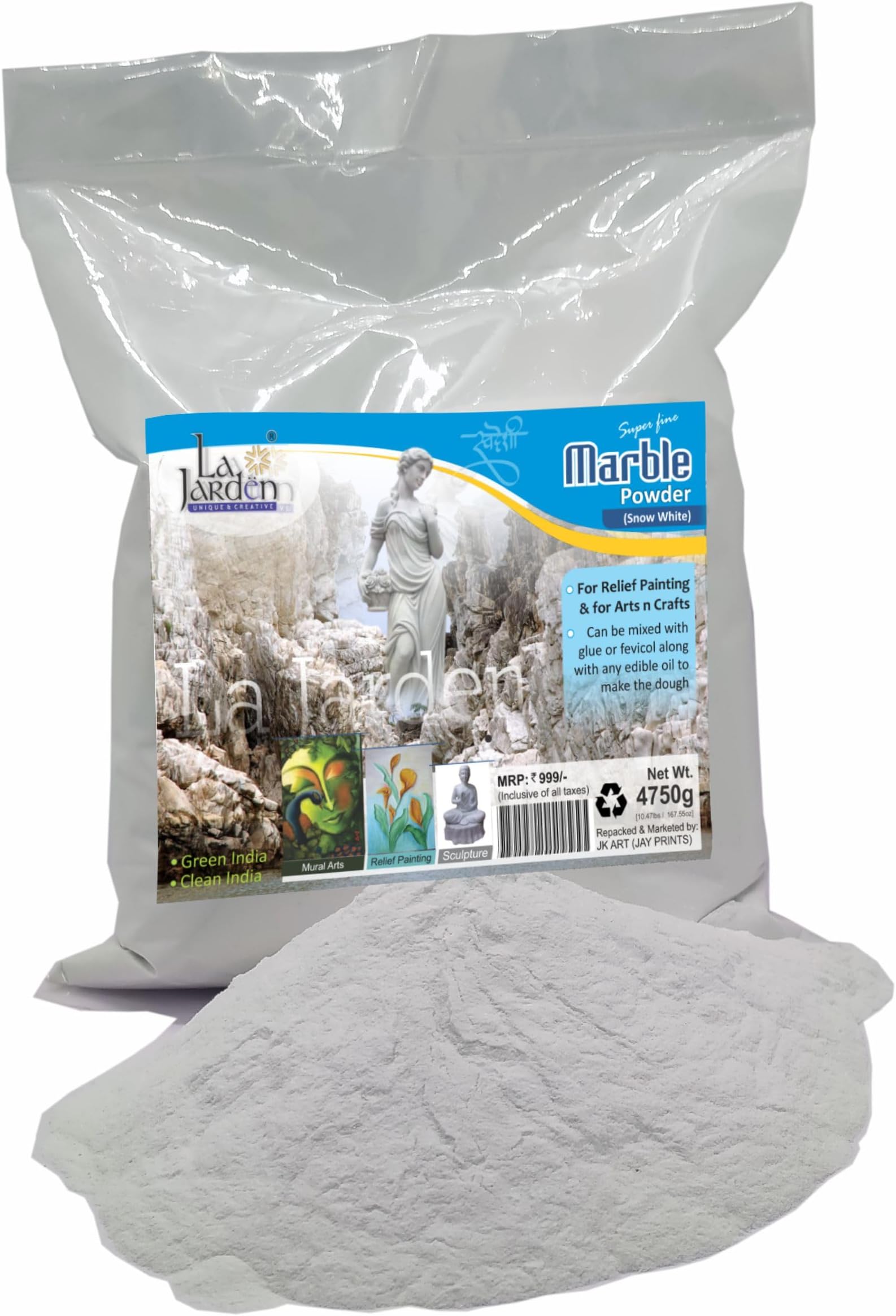 La Jarden® LARGE PACK 4.75Kg White Fine Marble dust Jumbo pack | White Marble Powder for Mural Art | Relief Painting | Raised Art | All Arts & Crafts | A1 Quality Marble Powder | DIY white clay powder | Wall embossed sculpture art material