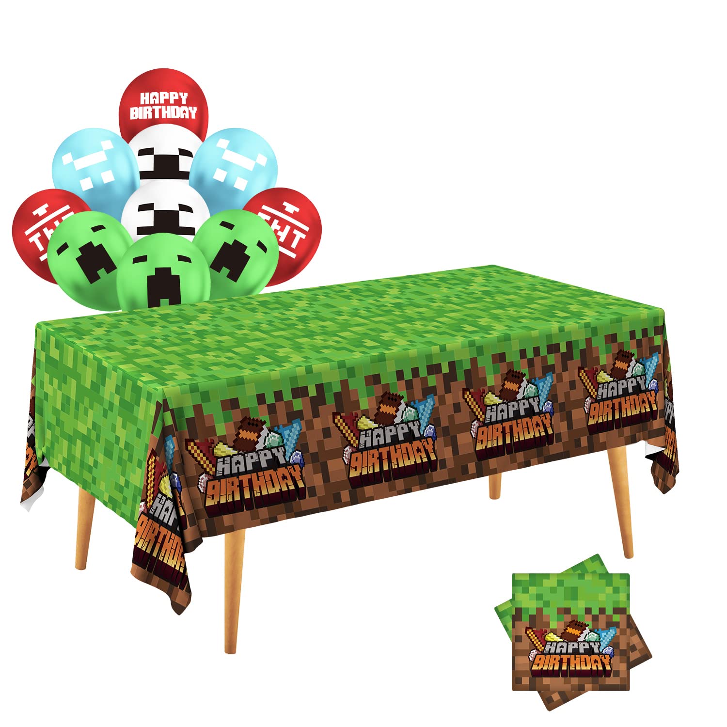 Gatherfun Mining Themed Party Supplies Disposable Tablecloth 2 Pack Pixel Miner Crafting Style Plastic table cover with 10pcs Pixel Balloons for Birthday Party Video Game Party Decorations