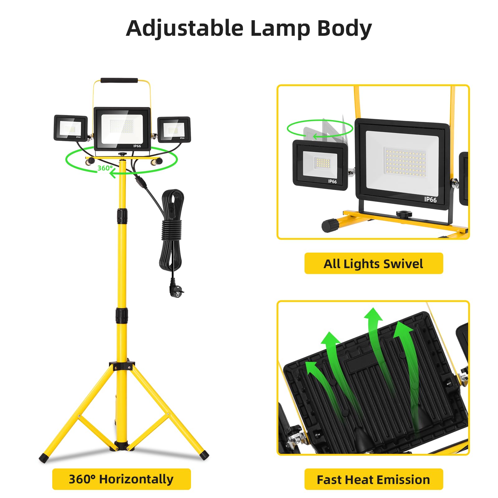 Viugreum Foco de Trabajo LED 100W con Trípode,Lámpara de Exterior de Tres Cabezales con Enchufe Cable de 3M, IP65 Impermeable Luz de Trabajo con 6500K Blanco Brillante, Foco LED para Obras,Jardines