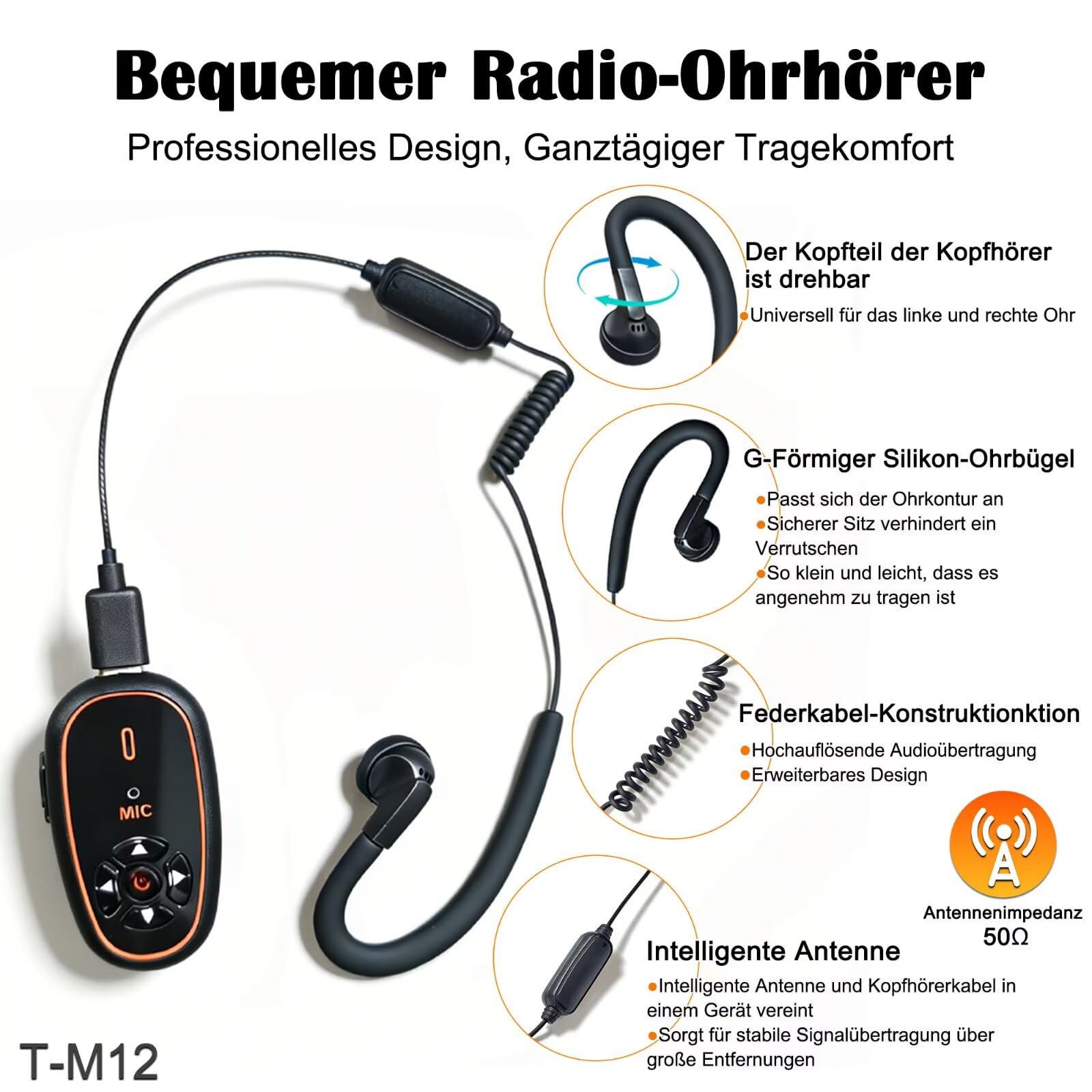 T-M12 Mini Funkgerät mit Headset KI-Sprachsteuerung Hände Frei | Typ-C Wiederaufladbarer 16 Kanäle 28g Leicht Mini Walkie Talkies für Gastronomie Einzelhandel Outdoor Reisen (2 Stück)