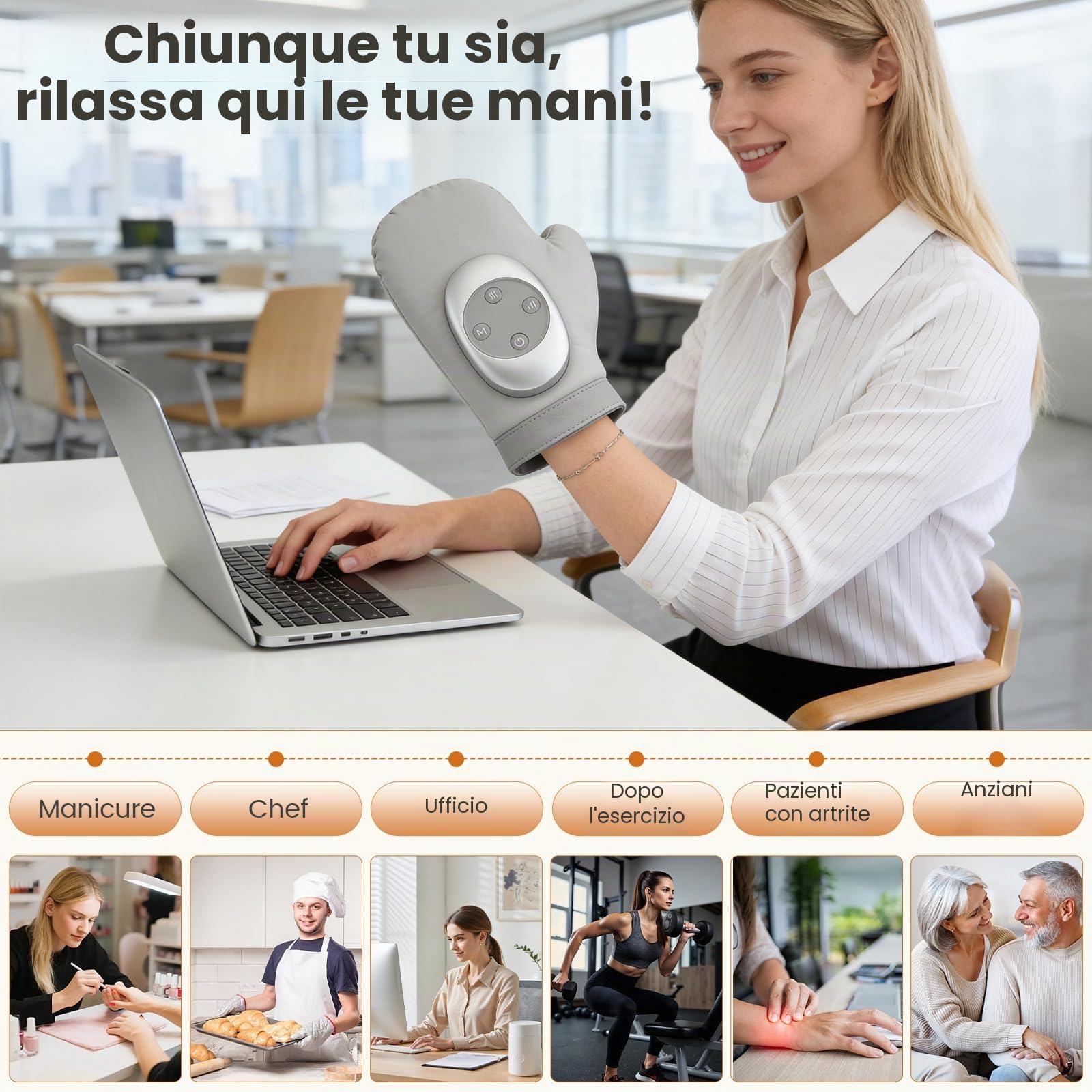 Massaggiatore mano con calore & compressione contro artrosi & stanchezza manuale, 3 modalità, 3 livelli calore, 5 livelli pressione, guanto ricaricabile, regalo relax