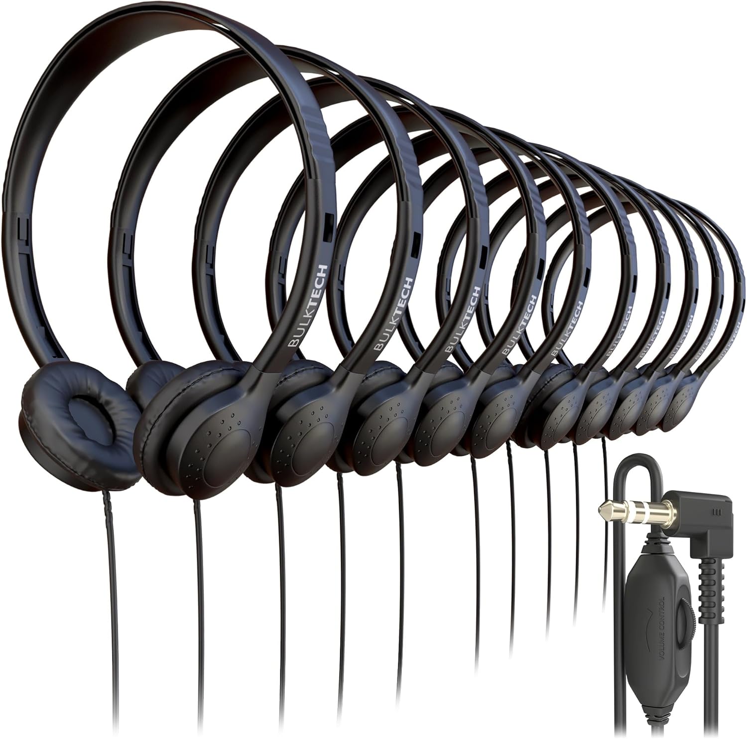 1000 Pack Bulk Wired On-Ear Leather Headphones with 3.5mm Connector and Remote Control for Volume, Black 1000 Pack Bulk Wired On-Ear Leather Headphones with 3.5mm Connector and Remote Control for Volume, Black