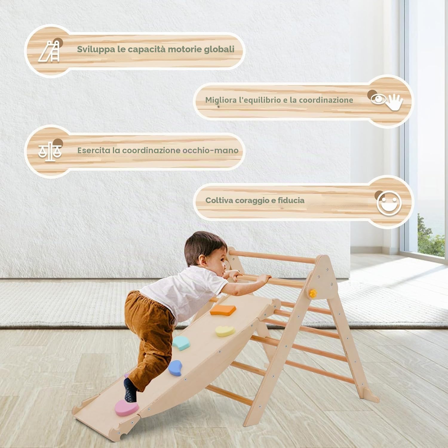 4 in 1 Arrampicata per Bambini, Triangolo di Arrampicata Pieghevole con Scivolo, Arco di Arrampicata, Tavola di equilibrio in legno, Scivolo per Bambini da Casa Interno,Giochi Montessori 1+ Anni