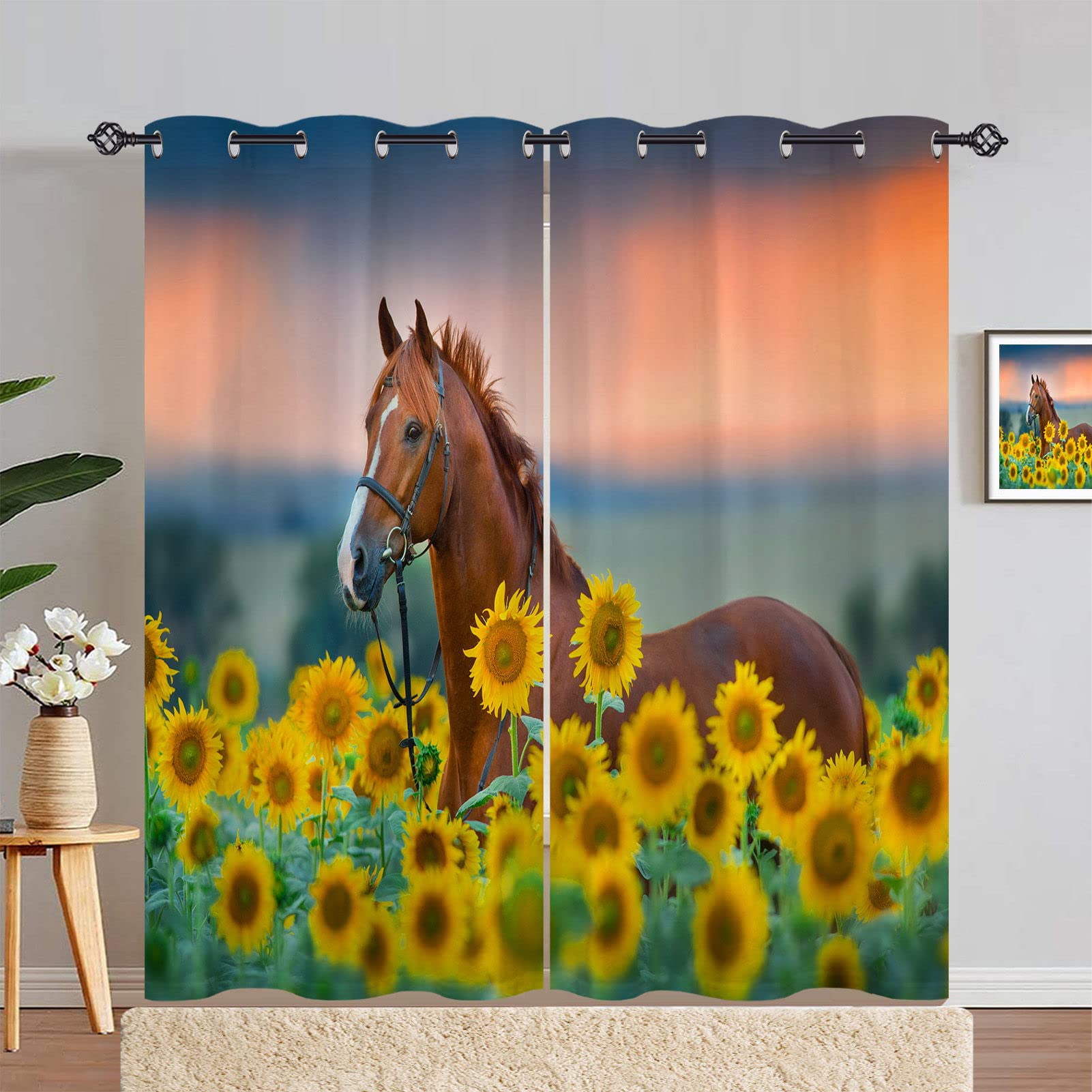 ANHOPE Horse Curtains Eyelet 80% Blackout Room Darkening Curtains with Rustic Theme Horse Yellow Sunflower Print Pattern Light Blocking Window Drapes for Bedroom Living Room 66 x 90 Inch Drop 2 Panels
