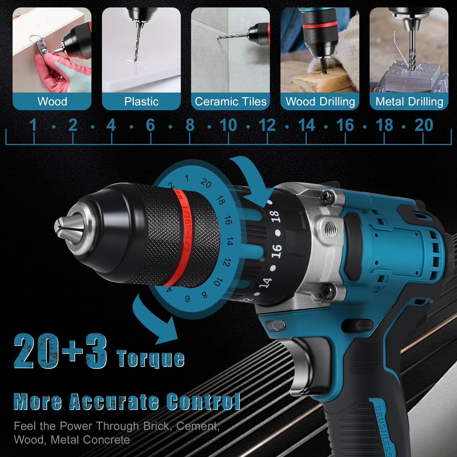 Taladro atornillador inalámbrico compatible con batería de litio Makita de 18 V, 120 Nm, atornillador de impacto sin escobillas con 20 + 3 niveles de torsión, portabrocas de 13 mm, luz de trabajo LED