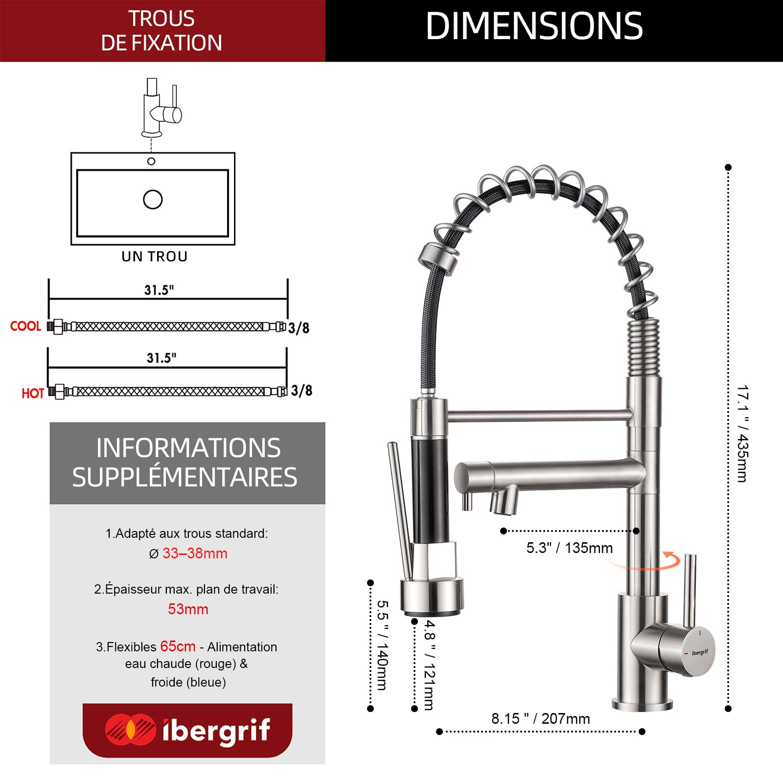 Ibergrif Mitigeur Robinet Cuisine avec Douchette 2 Jets 360° Pivotant, Double Bec Professionnel, Acier Inox