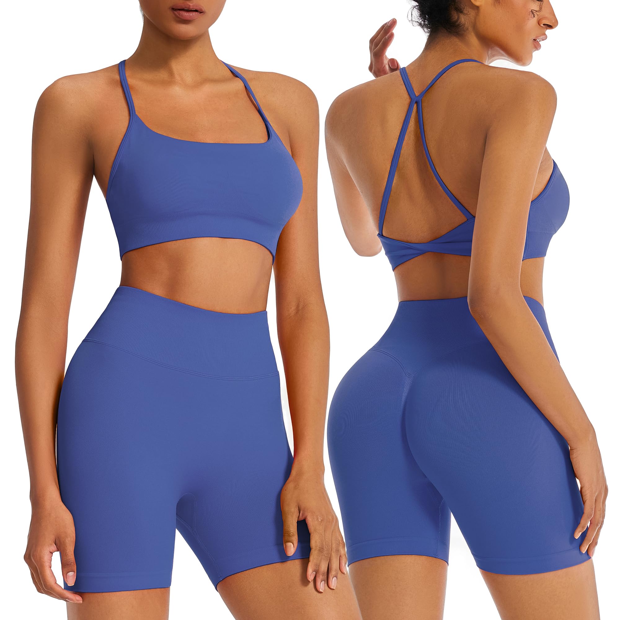 RXRXCOCO Ensemble de sport croisé pour femme, 2 pièces, débardeurs, rembourrés, avec short Scrunch caché, tenue de fitness