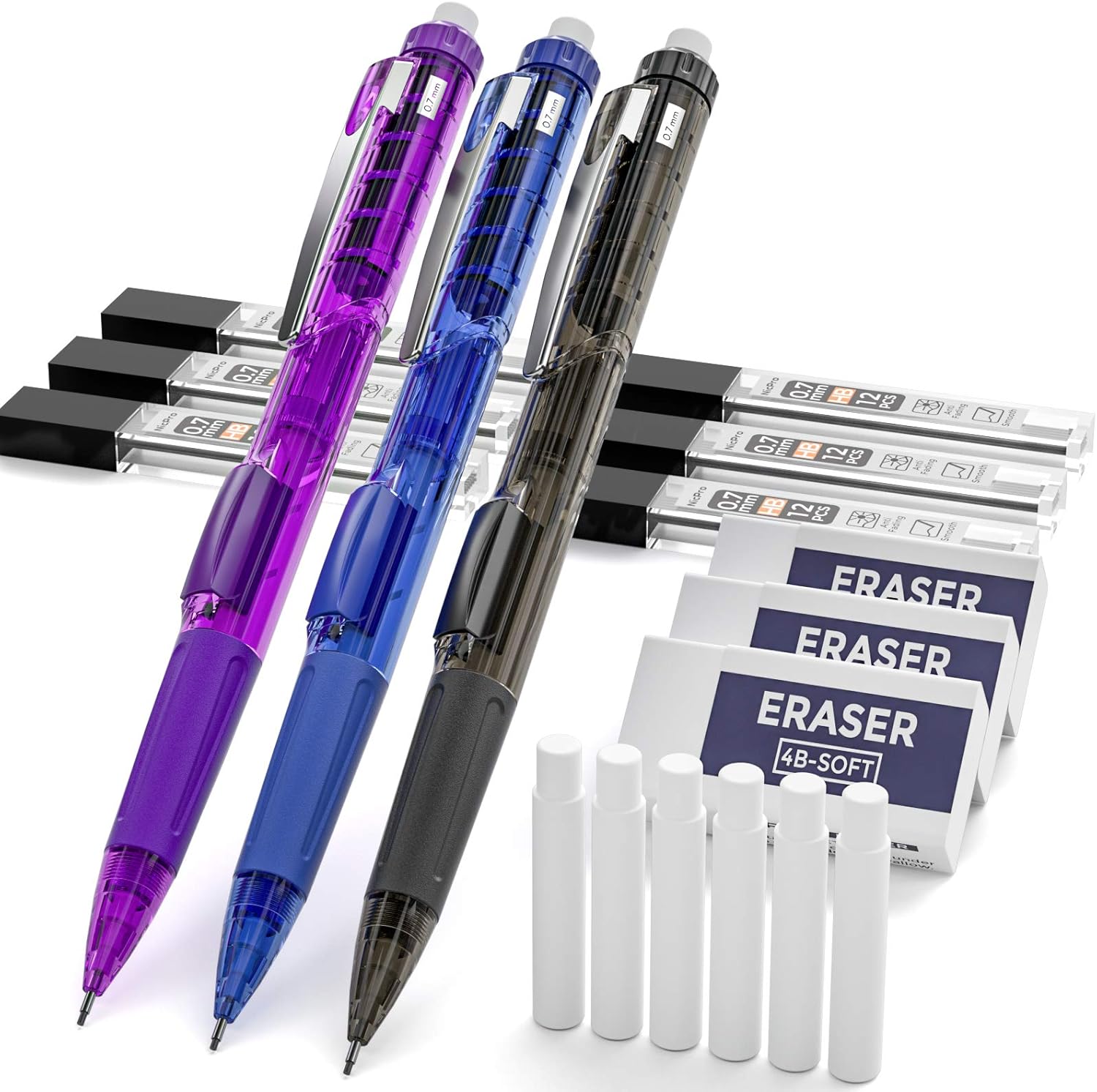 Nicpro 0.7mm Mechanical Pencil Set, 3 PCS Side Click Pencil with 3 PCS Eraser and 6 Tubes Lead