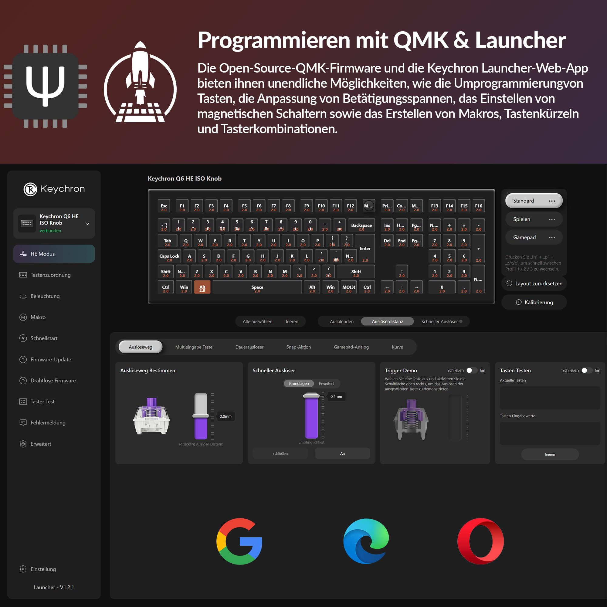 Keychron Q6 HE kabellose Custom-Tastatur, 100% ISO-DE-Layout, 2,4 GHz/Bluetooth 5.2, Vollmetallgehäuse, programmierbar mit QMK/Launcher, Gateron Double-Rail Magnetic Switches, für Mac/Windows, Schwarz