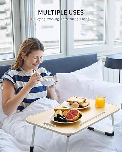 Miniatura 2 de Mesa plegable para laptop, bandeja portátil para mesa de cama, soporte para laptop con soporte para tazas, ranura para tableta y asa de elevación