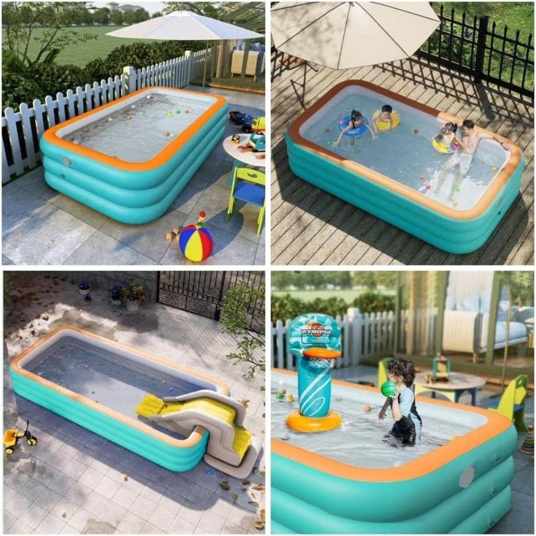 Shilanmei プール 大型 自動膨脹 滑り台付き 子供用プール ビニールプール ファミリープール 水遊び 猛暑対策 スイミング 空気入れ必要 家庭用プール 屋内用 お庭 水あそび 屋外用 折りたたみ 電動ポンプ付き (滑り台・バスケットゴール付き,3.8m 三層)