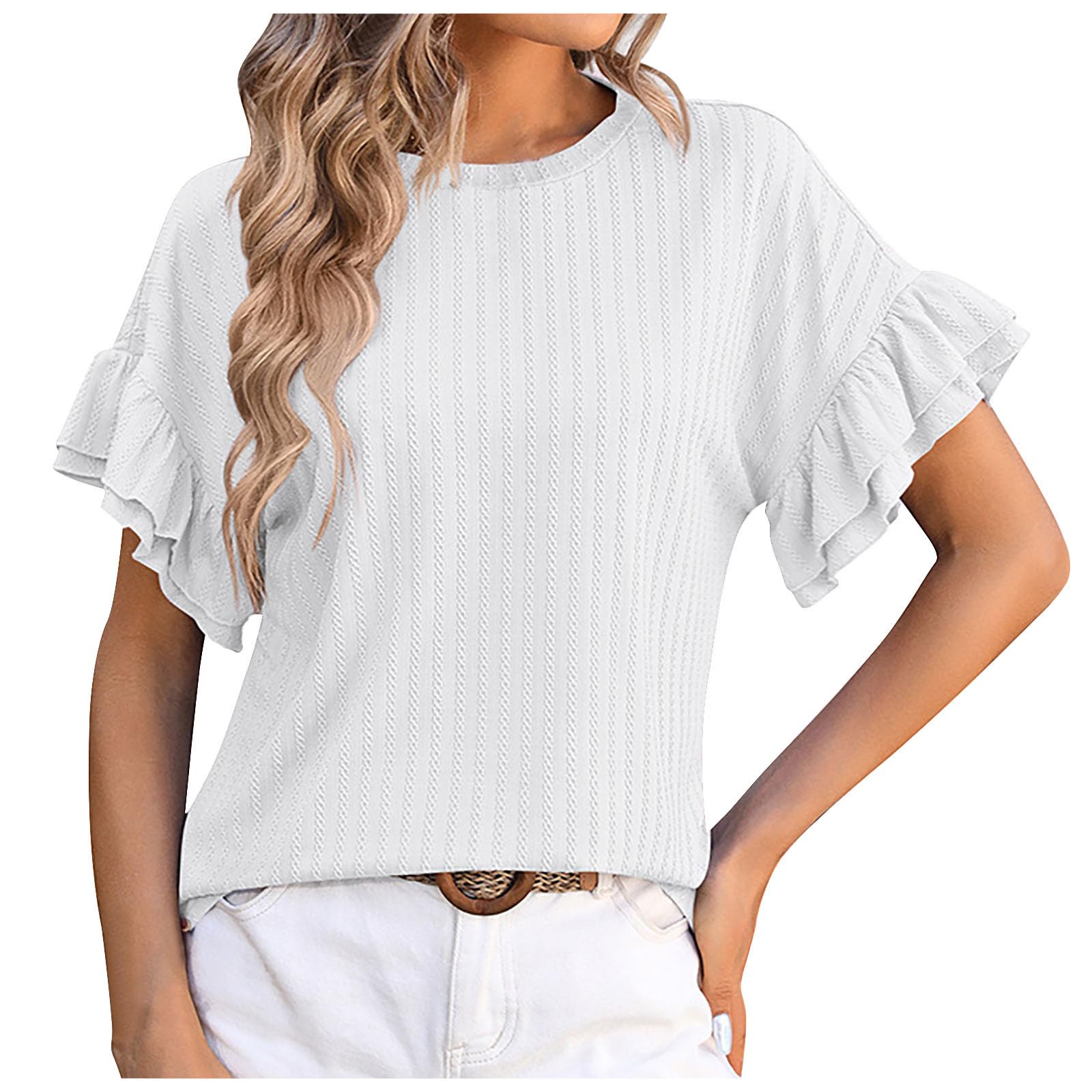 Lemoiitea Blusa de manga corta para mujer, cuello redondo, informal, de manga corta, con volantes, holgada, de verano, para salir