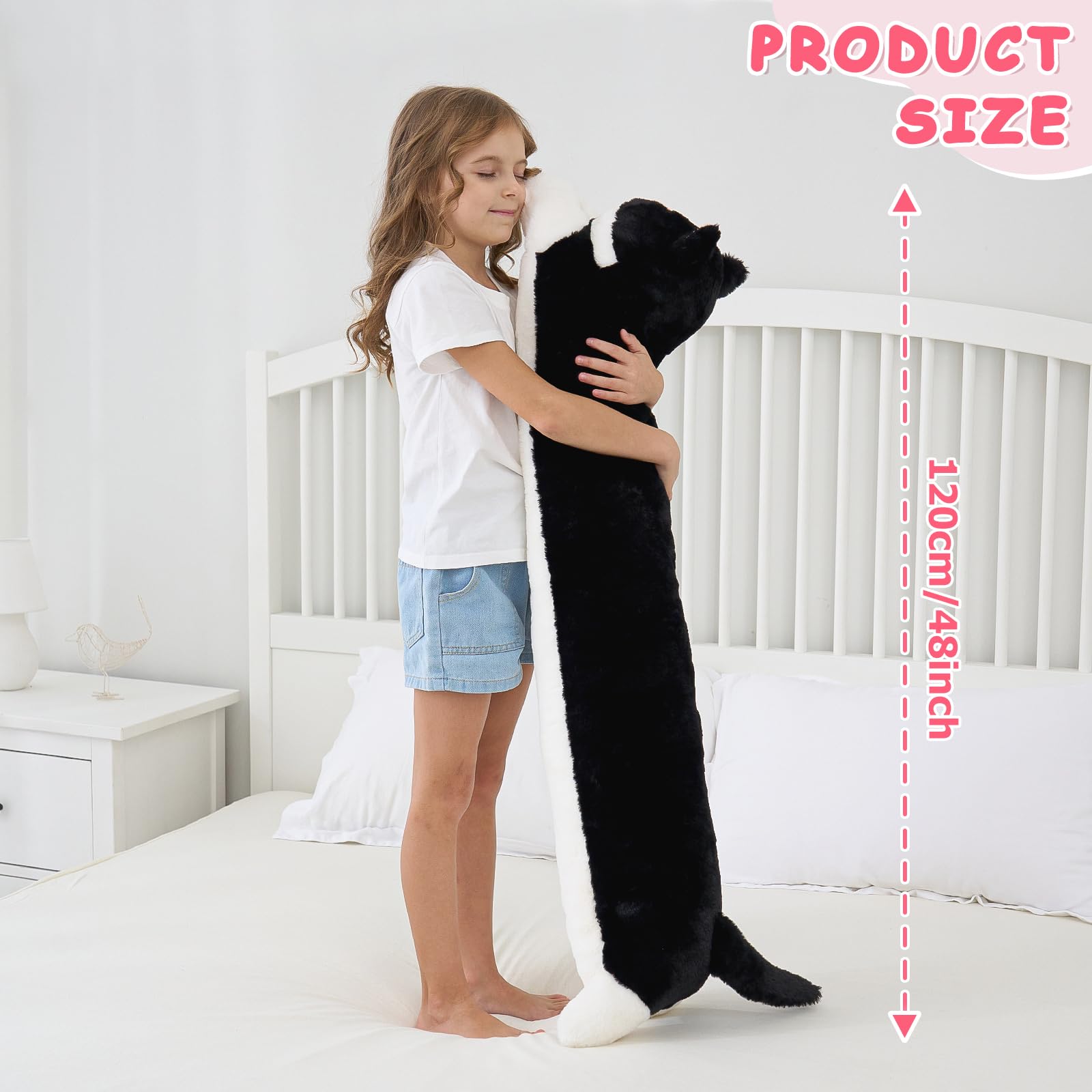 Dalmao Gato de peluche blanco y negro de 120 cm de alto, largo como cojín de abrazo/cuerpo, peluche suave para niños y adultos