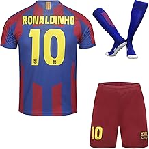 FRKN Trikot Barcelona Limitée Édition 2005 Ronaldinho #10 Leo Maillot de Football pour Enfant avec Haut Shorts, Chaussettes, Nostalgie Tailles Jeune