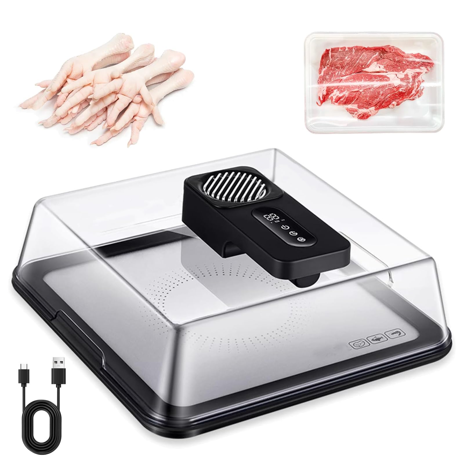 KJZQXYX Meat Defrosting Tray, Portable Electric Thawing Board,with USB Charging, Timable Frozen Meat Thawing Box,with Visual Lid,for Home (Black)