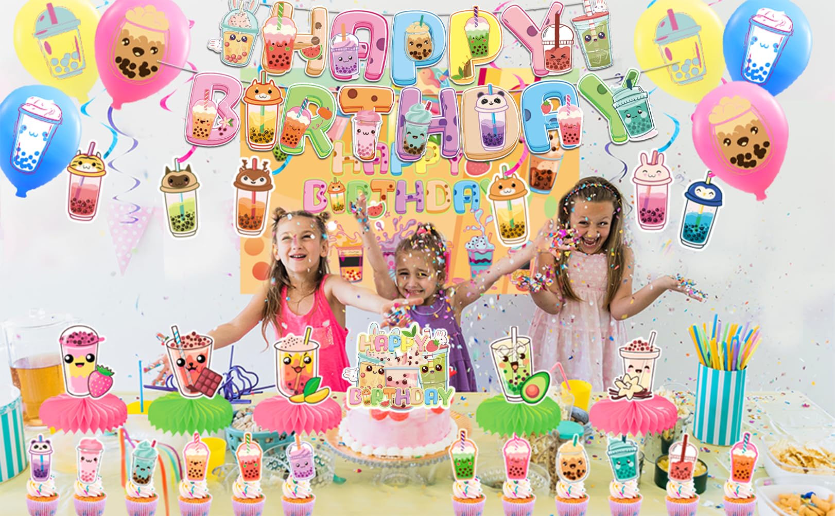 Decoraciones de fiesta de té Boba - Decoraciones de cumpleaños con pancarta de té de Boba, fondo, espirales, centros de panal, adornos para cupcakes, globos