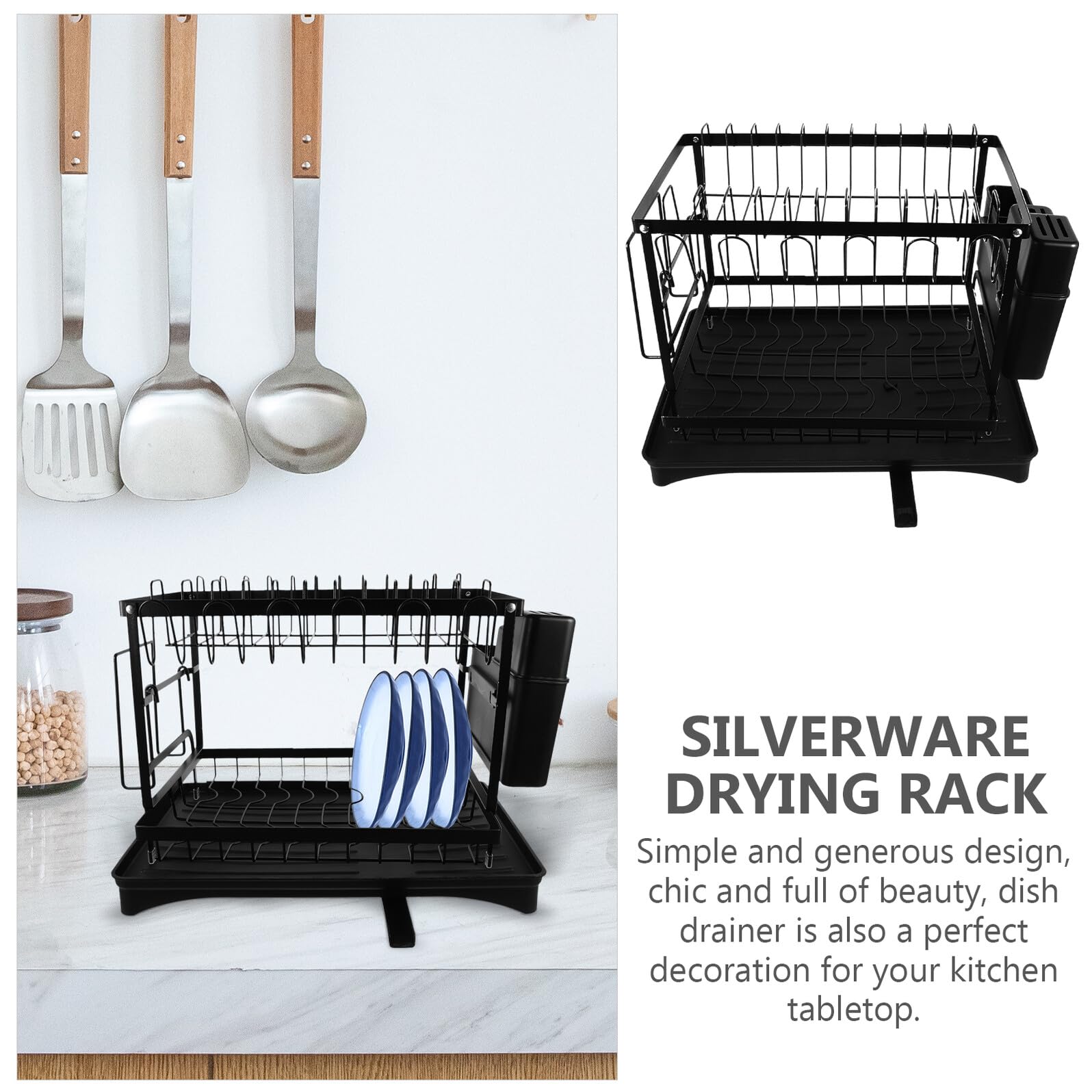 Égouttoir à Vaisselle Design Simple et Chic Effet Drainant en Acier Carbone Noir Compartiments pour Rangement pour Évier ou Plan de Travail Cuisine