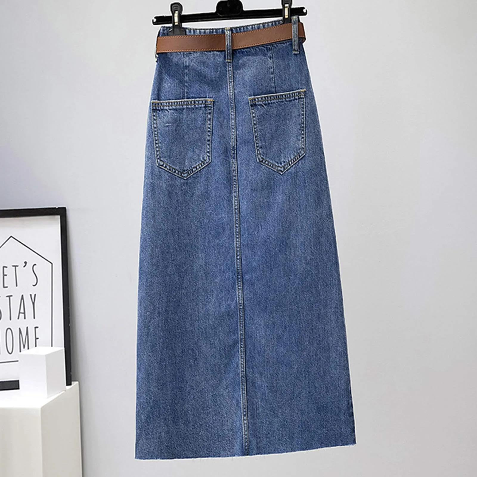 Rock Damen Langer Taille Skirt Linie Falten Jeansrock Für Frauen Split Midirock Weibliche Hohe Taille Taschen Gerade Rock