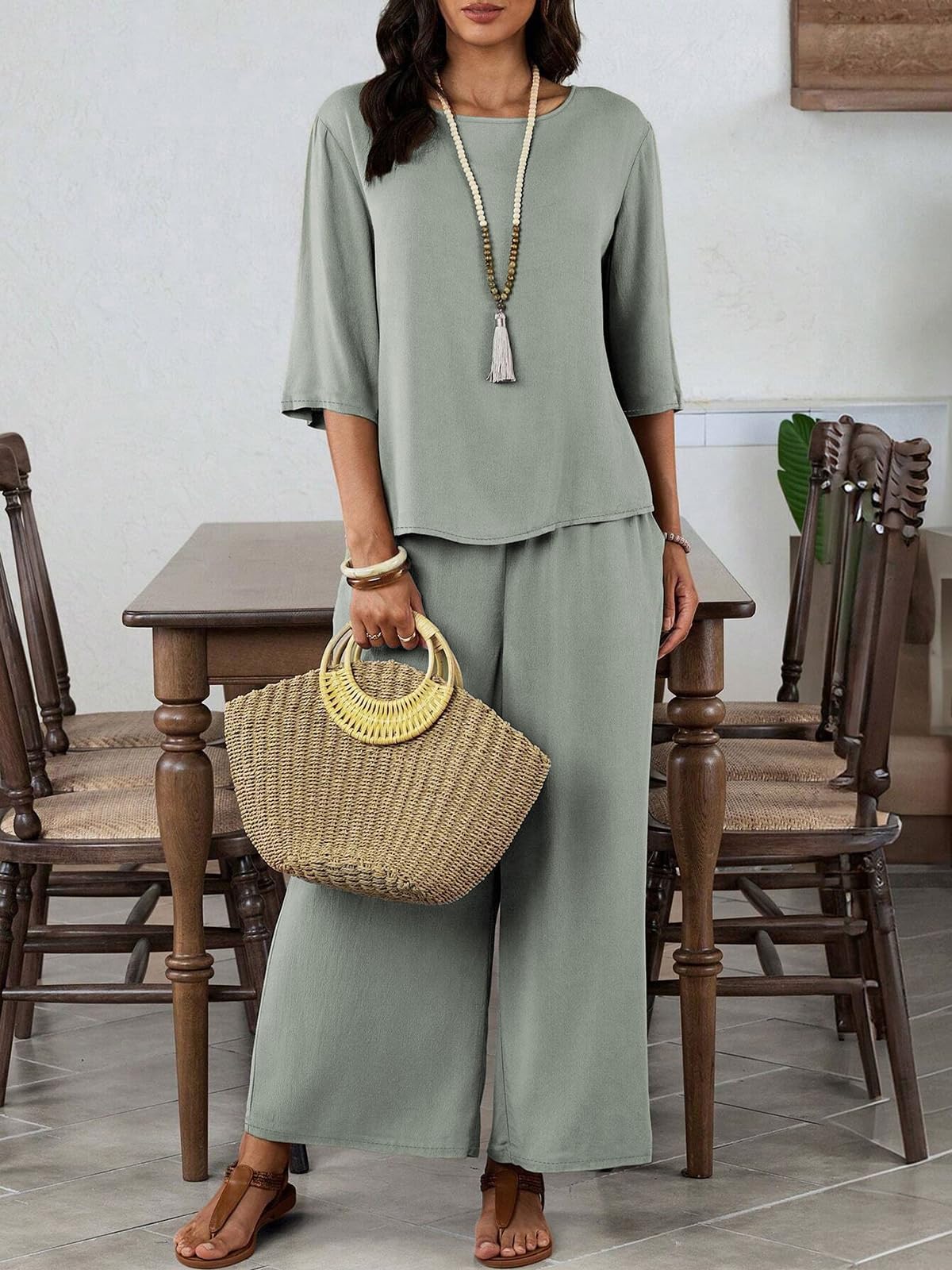 Conjunto de 2 piezas para mujer, conjuntos de descanso a juego, trajes de otoño 2025, ropa de moda con cuello redondo — view 6