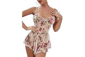 Women's Floral Sheer Mesh Babydoll Lingerie Sleepwear Nightgown Sleep Romper